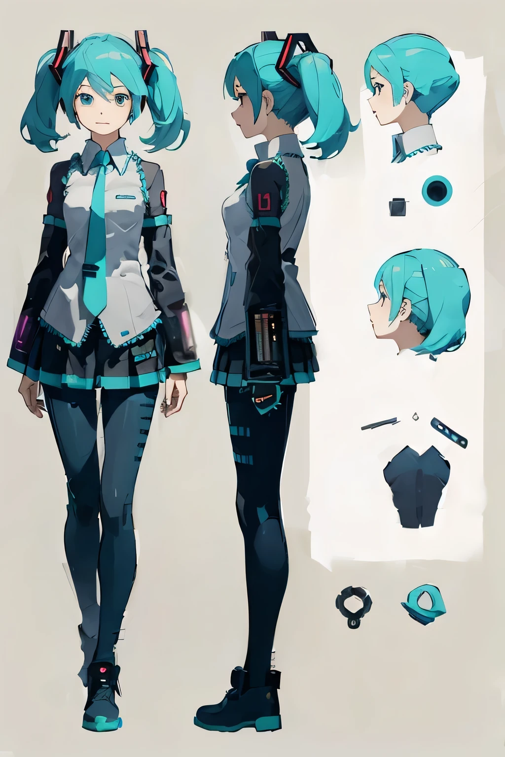 ((masterpiece, highest quality)), hatsune miku, detailed face, character design sheet， フルボディサイバーpunk, Full of details, Front view of the body, Rear view, very detailed, depth, many parts, punk, 