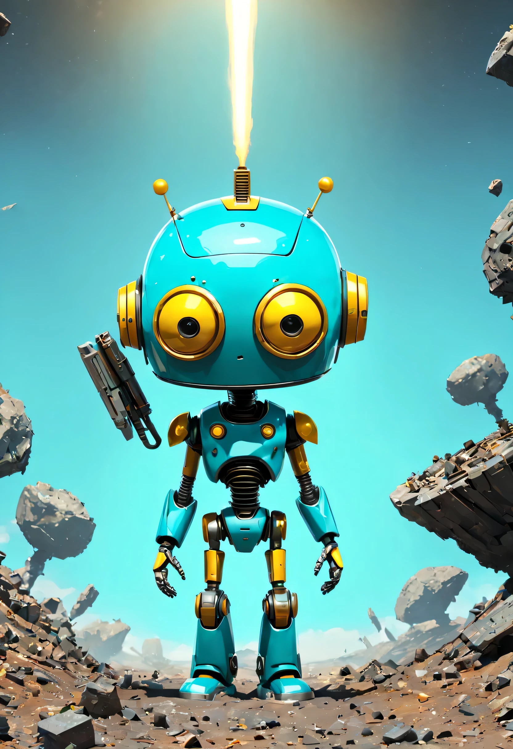 Un dibujo animado plano moderno Loco con un robot Only Eye y un estilo de casco, Pinzas en las manos, Cabeza de TV, cabeza de alfiler, camuflaje cian amarillo oxidado, Atmosphere in the crater of a super-detailed meteorite, centro, hermoso, Soft lighting, Centrado en el personaje, 4k resolution, photorealistic representation.