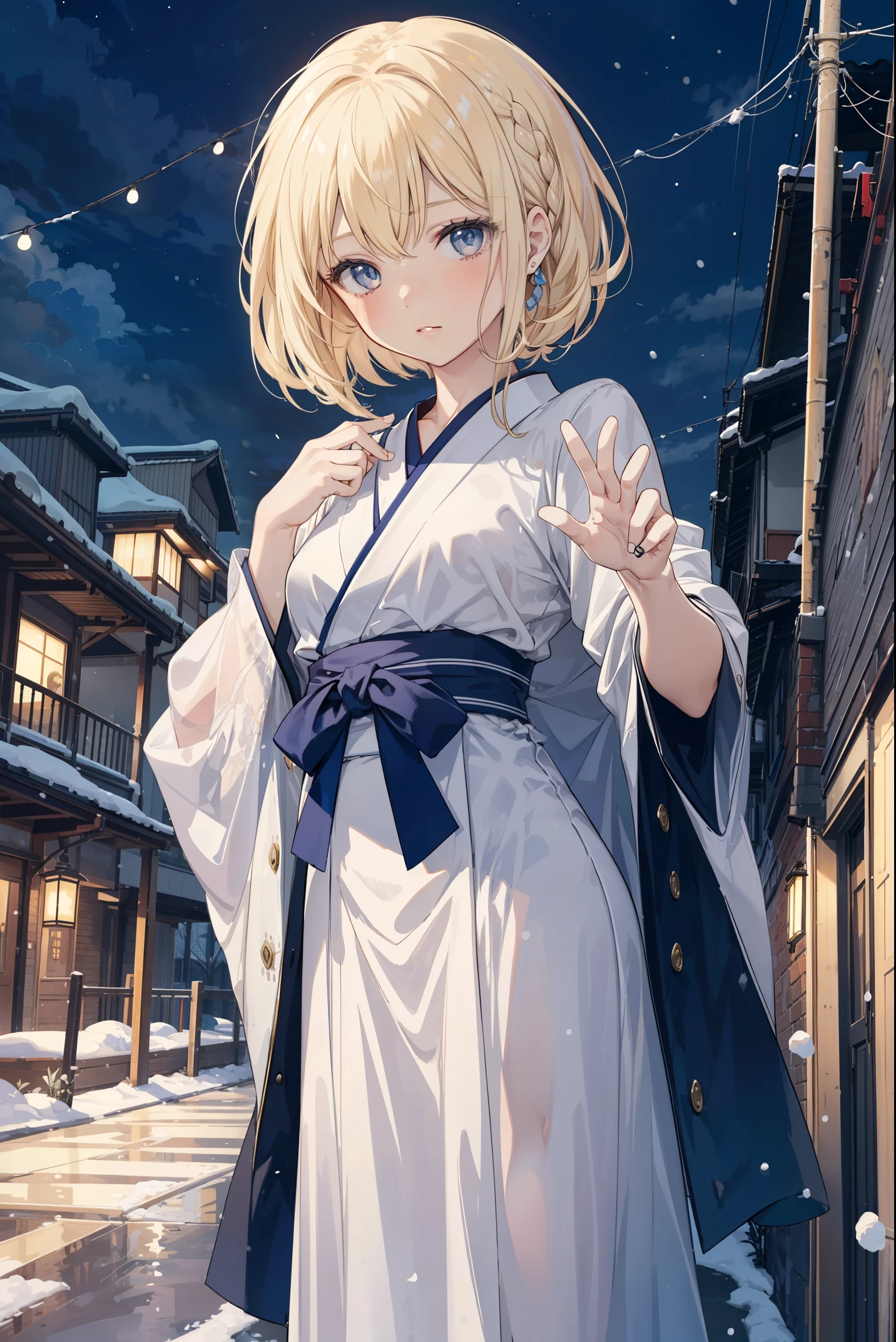 A high school girl in the style of Japanese anime illustration from 2020 with a detailed and realistic background that has depth and texture. The girl has blonde hair in a short one-length braided ponytail bob cut and wears a western long dress with a lot of frills, lace, and luxury. The theme is a formal schoolyard and the image is a portrait with contrast. The language in the image is Japanese and the romanization is English. The girl's eyes are realistic, complex, and detailed, and her skin texture is very fine. The girl's posing is instructed by a world-famous master and the image has a sense of dynamism. The girl's figure is a cowboy shot. The image size is 1024 x 1536 pixels. The girl is waiting for her boyfriend in the schoolyard. The girl wears a coat and the background has a winter scenery, night, and white snow. The girl is a daughter of a noble family and has a lively gesture.