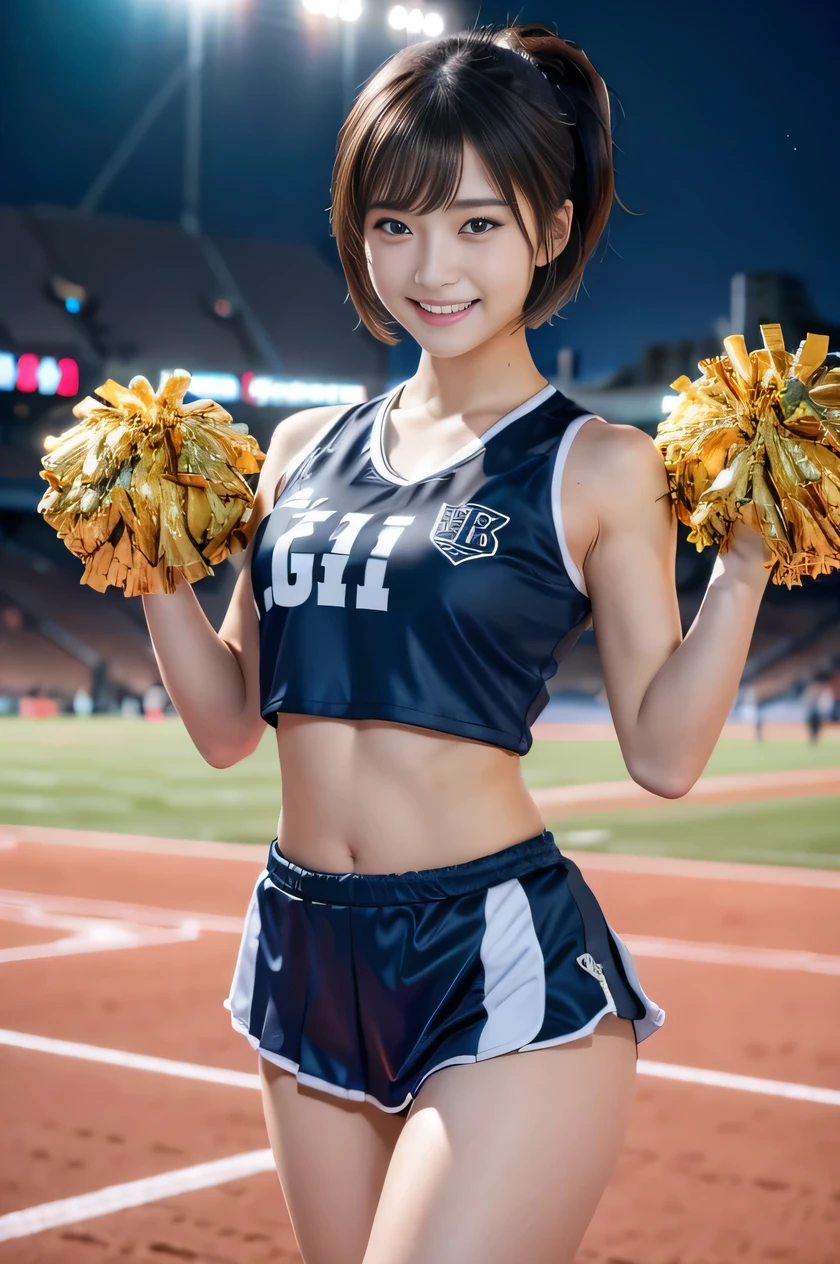 The beauty of 8K raw photos:2.0, short hair, 25 years old, great face and dark eyes, stare at the camera, smile full of joy:1.6, show teeth, Show 1&#39;~ side, dynamic pose, （Cheerleading Costumes:1.2)、wear sneakers:1.4, realistic:1.9, very detailed CG 統合 8k 壁紙, very detailed, High resolution RAW color photos, professional photos, Taken at the stadium, girl sexy portrait