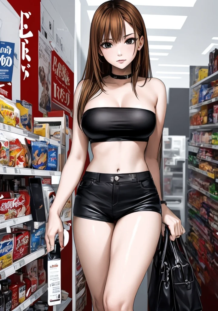 A beautiful adult woman with shoulder-length big breasts, beautiful legs, and a sharp face is standing from behind in a supermarket wearing a black tube top that exposes her navel and black hot pants that look like panties.。