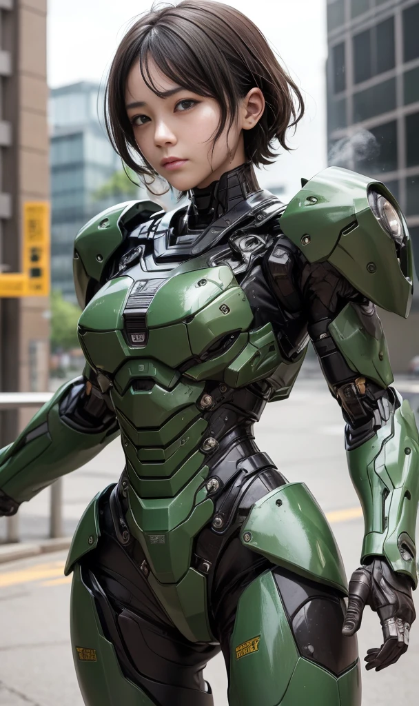 rough skin, Super detailed, advanced details, high quality, 最high quality, High resolution, 1080P, hard disk, beautiful,(War Machine),beautifulサイボーグの女性,Dark Green Mecha Cyborg Girl,In combat,Mecha body girl,、　　very short hair、sweaty brown eyes、sweaty face、embarrassed look　Geek Face　sober　black hair　((steam from head)) Glasses