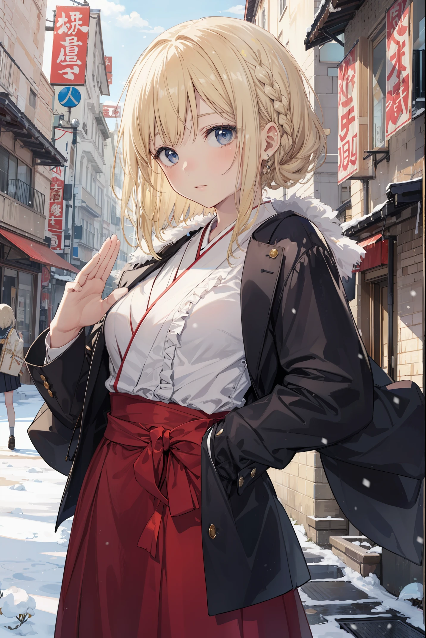 A high school girl in the style of Japanese anime illustration from 2020 with a detailed and realistic background that has depth and texture. The girl has blonde hair in a short one-length braided ponytail bob cut and wears a western long dress with a lot of frills, lace, and luxury. The theme is a formal schoolyard and the image is a portrait with contrast. The language in the image is Japanese and the romanization is English. The girl\'s eyes are realistic, complex, and detailed, and her skin texture is very fine. The girl\'s posing is instructed by a world-famous master and the image has a sense of dynamism. The girl\'s figure is a cowboy shot. The image size is 1024 x 1536 pixels. The girl is waiting for her boyfriend in the schoolyard. The girl wears a coat and the background has a winter scenery, night, and white snow. The girl is a daughter of a noble family and has a lively gesture. The girl is riding a carriage from a mansion.