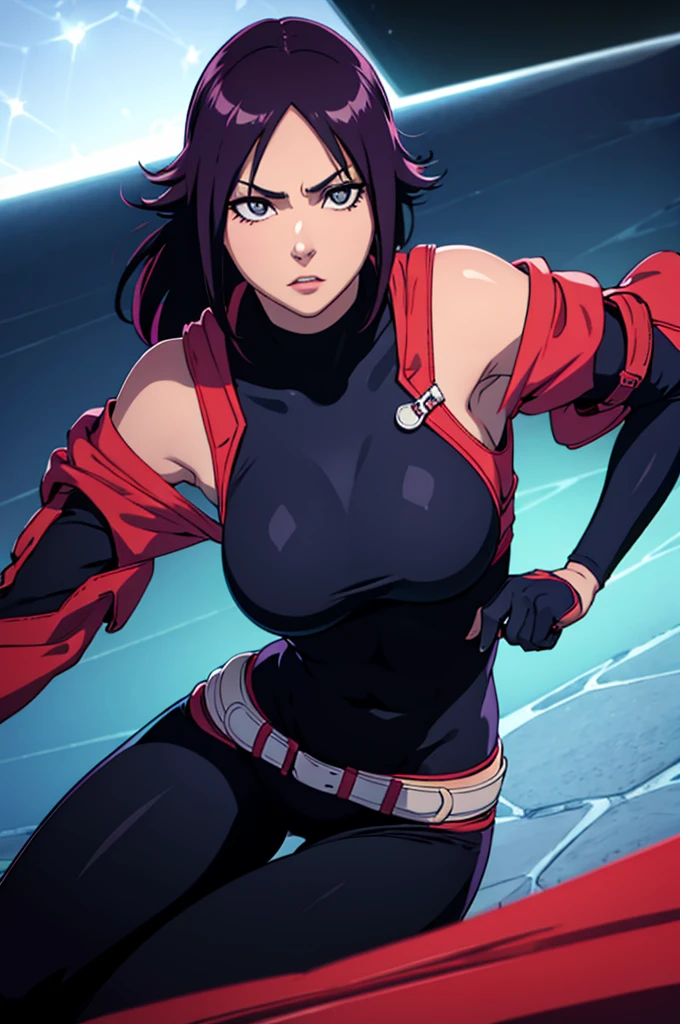 Yoruichi Shihouin, tight bodysuit, seductive, thick thighs, night sky view, realistic, best quality, masterpiece, ultra detail, ultra high res