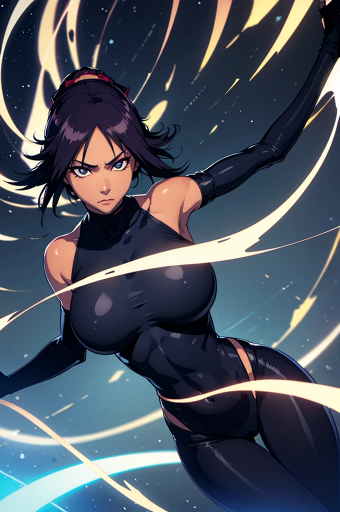 Creating an illustration of a woman in her thirties, short black hair with a back side bang, blue sky eyes, fair skin. obscured expression - she's wearing a sexy black ninja outfit, make full body, make boobs more little - she's walking in a night town - include storm rain - digital art style
