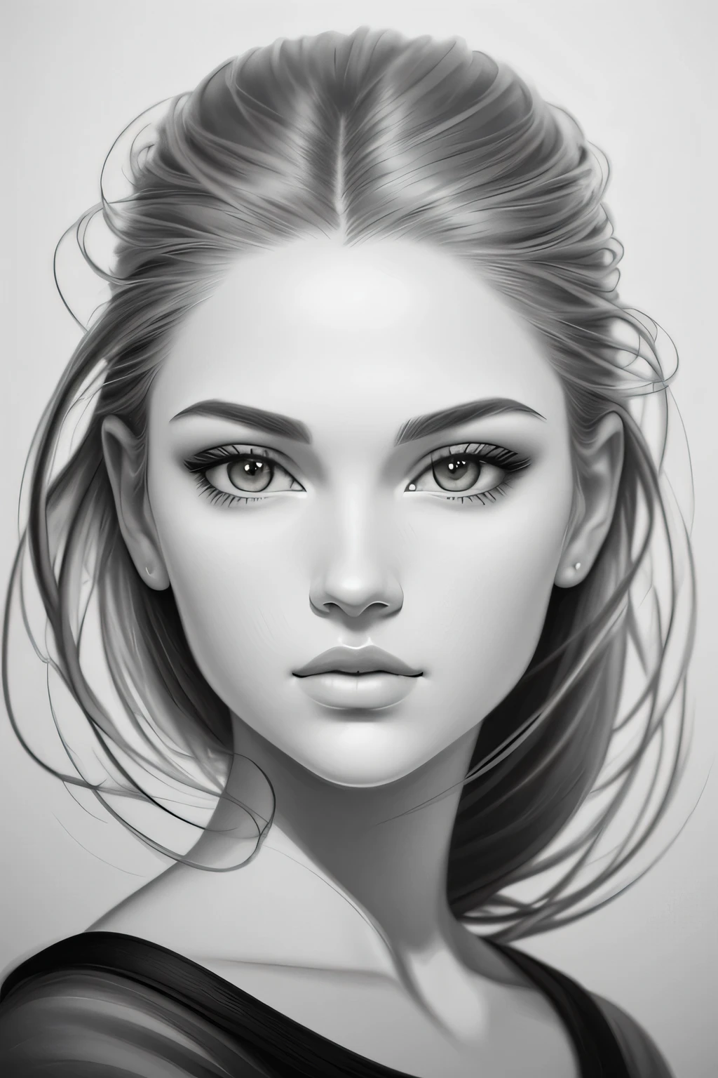 A drawing of a woman with a very large expressive face, reminiscent of Eve Mendes, rendered in soft shadows on the face, wlop : :, on medium grade paper, showcasing the sumi-e art style of Laura Sava, intricately detailed --n 9, with sharp contours evoking the masterful strokes of Art Fitzpatrick, in the realm of art » photorealism, captured in a pristine white-silver painting, using the Canon 1D for high-definition accuracy.