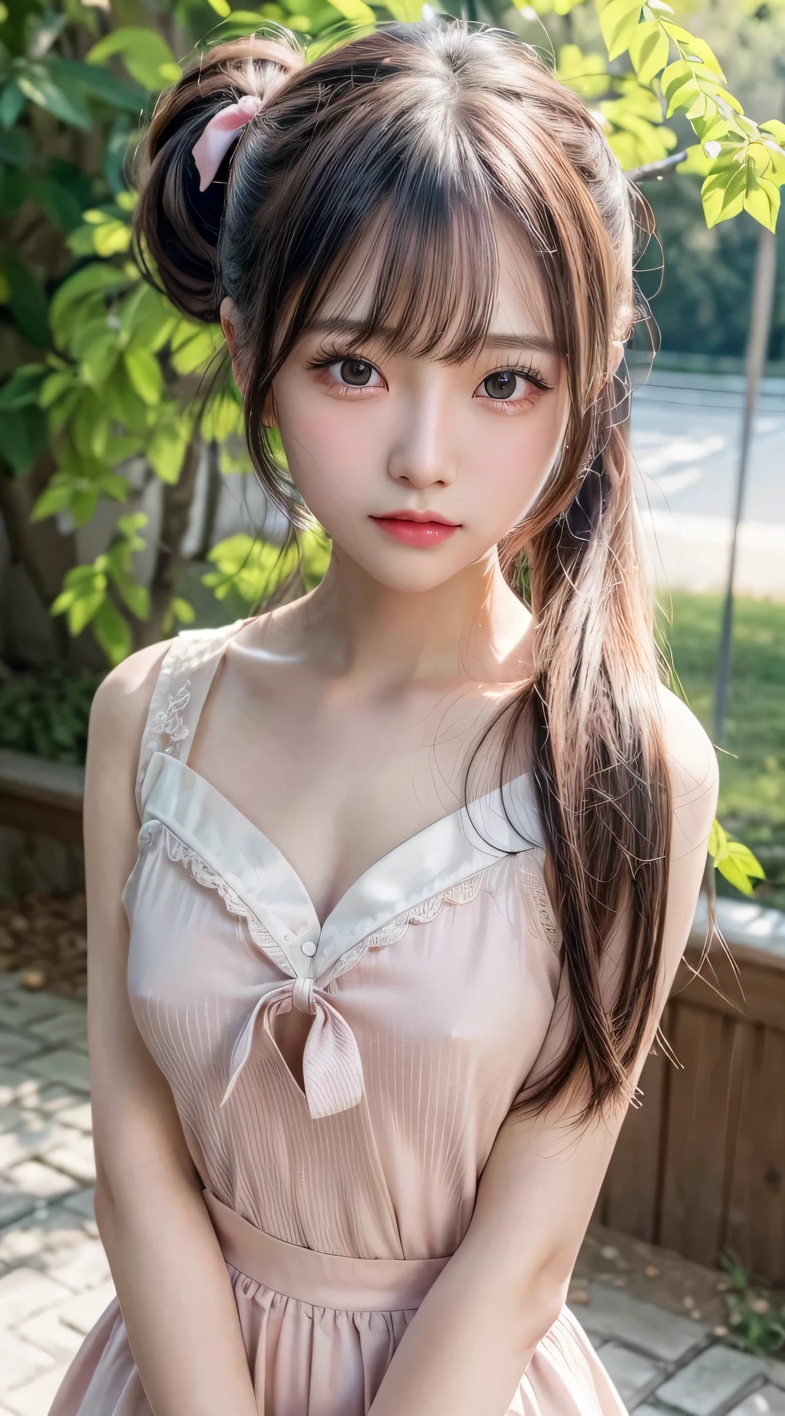 blush,long hair ponytail,big ribbon in her hair,(8K, Raw photo, best quality, muste piece:1.2), (Reality, photorealistic:1.4), (Highly detailed 8K wallpaper), Tits sharp focus, Depth of bounds written, cinematic lighting, soft light, detailed beauty eye,Shiny and smooth light brown ponytail, asymmetrical bangs, shiny skin, super detailed skin ,high resolution, high detail, detailed hairstyle, detailed beauty face, hyper real, perfect limbs, perfect anatomy ,1 Japanese girl,famous japanese idol, perfect female body,shy smile,short eyelashes,double-edged eyelids,look straight here,Hair style is ponytail,wear a ribbon,long ponytail hairstyle,Wearing scrunchies,Stand up straight and face me,So that the whole body can be seen,spring,look straight at me,Morning time slot,running in the park,chest is small