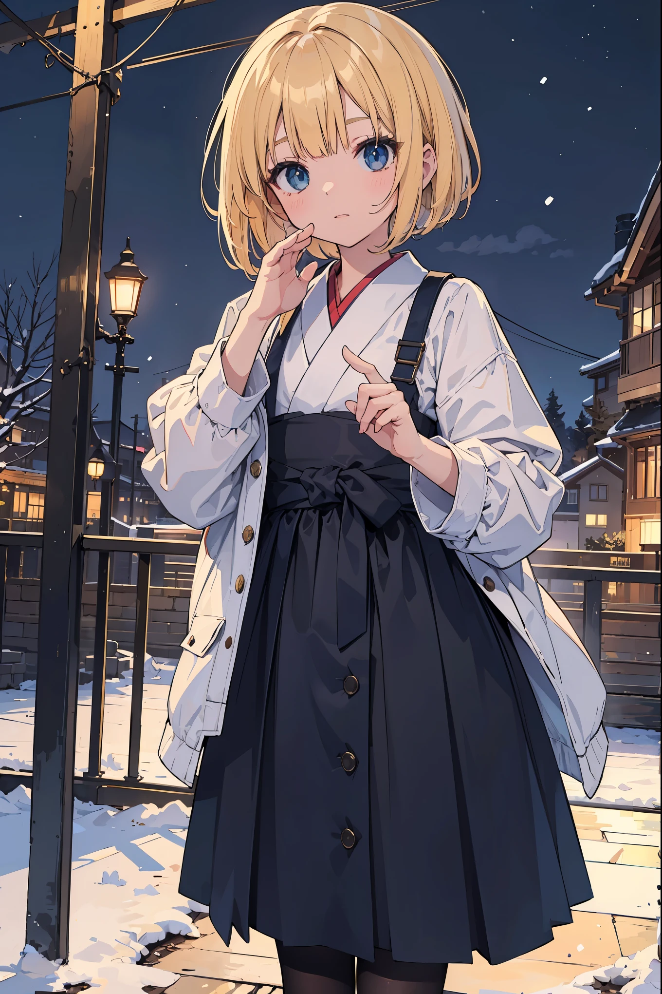 A high school girl in the style of Japanese anime illustration from 2020 with a detailed and realistic background that has depth and texture. The girl has blonde hair in a short one-length braided ponytail bob cut and wears a western long dress with a lot of frills, lace, and luxury. The theme is a formal schoolyard and the image is a portrait with contrast. The language in the image is Japanese and the romanization is English. The girl\'s eyes are realistic, complex, and detailed, and her skin texture is very fine. The girl\'s posing is instructed by a world-famous master and the image has a sense of dynamism. The girl\'s figure is a cowboy shot. The image size is 1024 x 1536 pixels. The girl is waiting for her boyfriend in the schoolyard. The girl wears a coat and the background has a winter scenery, night, and white snow. The girl is a daughter of a noble family and has a lively gesture. The girl is riding a carriage from a mansion.
