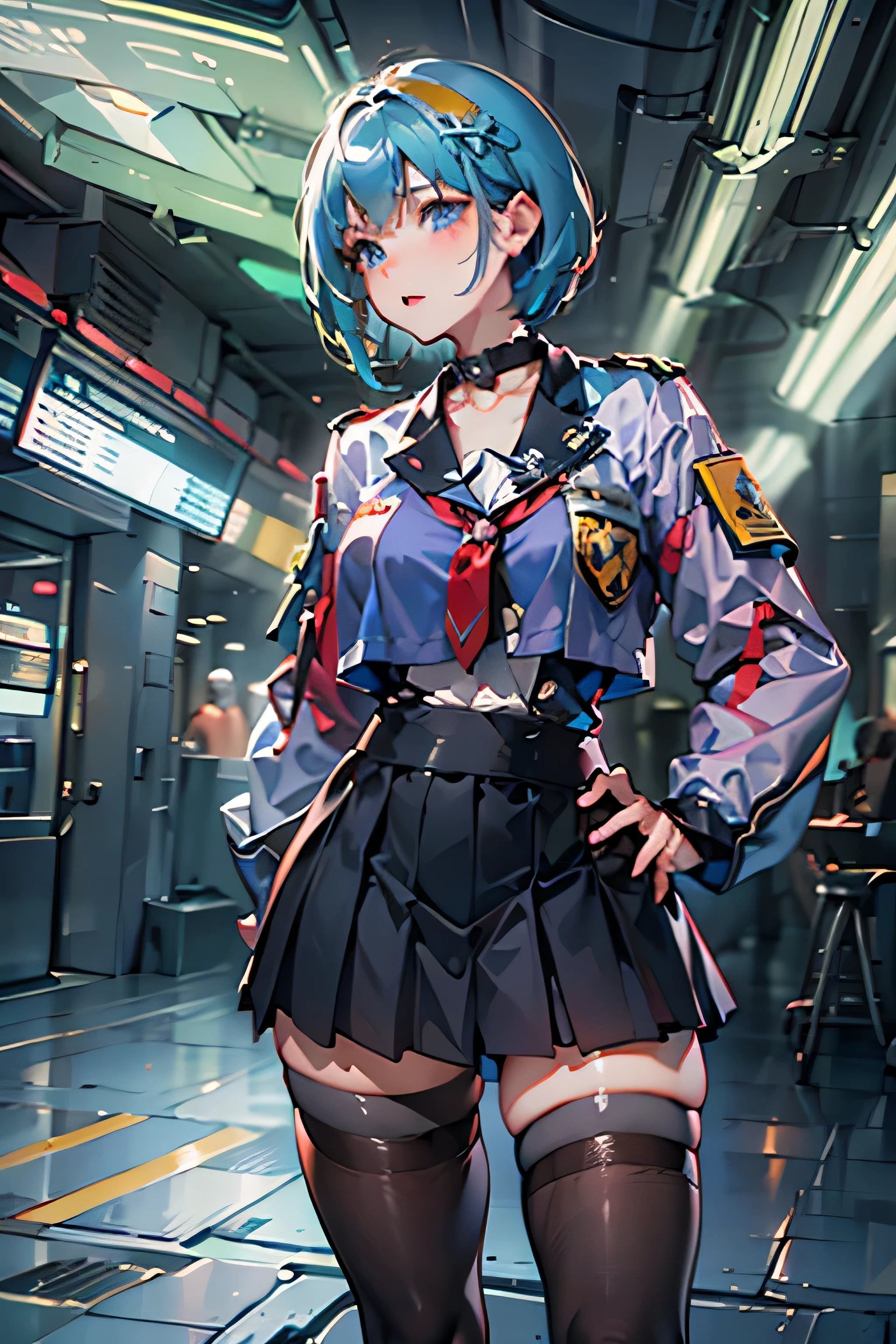 (photorealistic:1.3,highest quality,8K quality,masterpiece:1.3,High resolution,muste piece:1.2,Green and orange 23 year old woman, (short hair:1.2,bright blue hair:1.5,blue eyes),(black uniform、black pleated skirt、uniform、medal、立派なuniform,choker),looking at the camera:1.2,、spaceship space、Control room、commander,slender abs:1.2,(young skinny gravure idol, sophisticated gravure idol),(detailed perfect face),normal hands:1.5,normal finger:1:5,normal foot:1.5