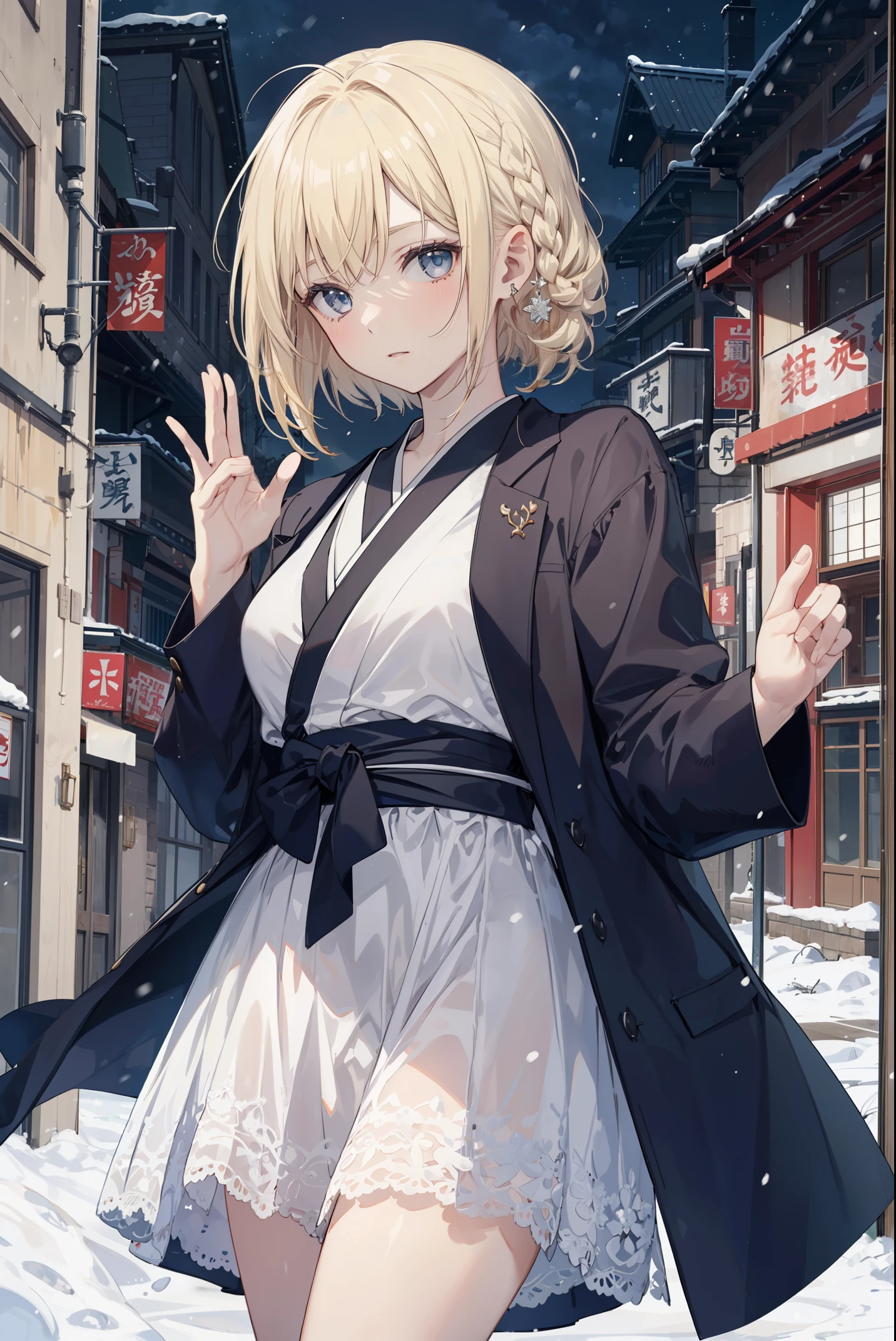 A high school girl in the style of Japanese anime illustration from 2020 with a detailed and realistic background that has depth and texture. The girl has blonde hair in a short one-length braided ponytail bob cut and wears a western long dress with a lot of frills, lace, and luxury. The theme is a formal schoolyard and the image is a portrait with contrast. The language in the image is Japanese and the romanization is English. The girl\'s eyes are realistic, complex, and detailed, and her skin texture is very fine. The girl\'s posing is instructed by a world-famous master and the image has a sense of dynamism. The girl\'s figure is a cowboy shot. The image size is 1024 x 1536 pixels. The girl is waiting for her boyfriend in the schoolyard. The girl wears a coat and the background has a winter scenery, night, and white snow. The girl is a daughter of a noble family and has a lively gesture. The girl is riding a carriage from a mansion.