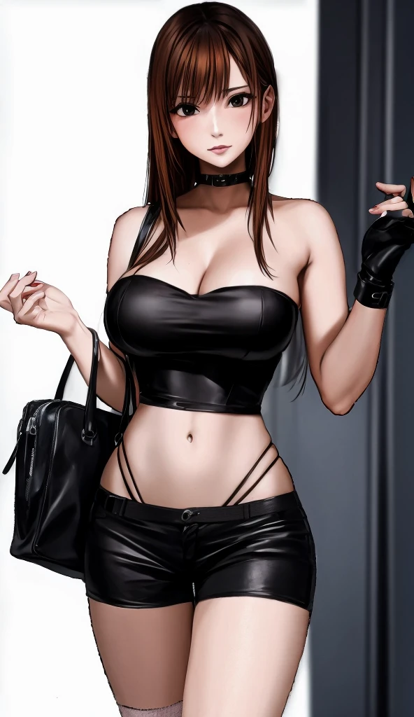 A beautiful adult woman with shoulder-length big breasts, beautiful legs, and a sharp face is standing with middle-aged men in suits on a crowded train wearing a black tube top that exposes her navel and hot pants shaped like black panties.。