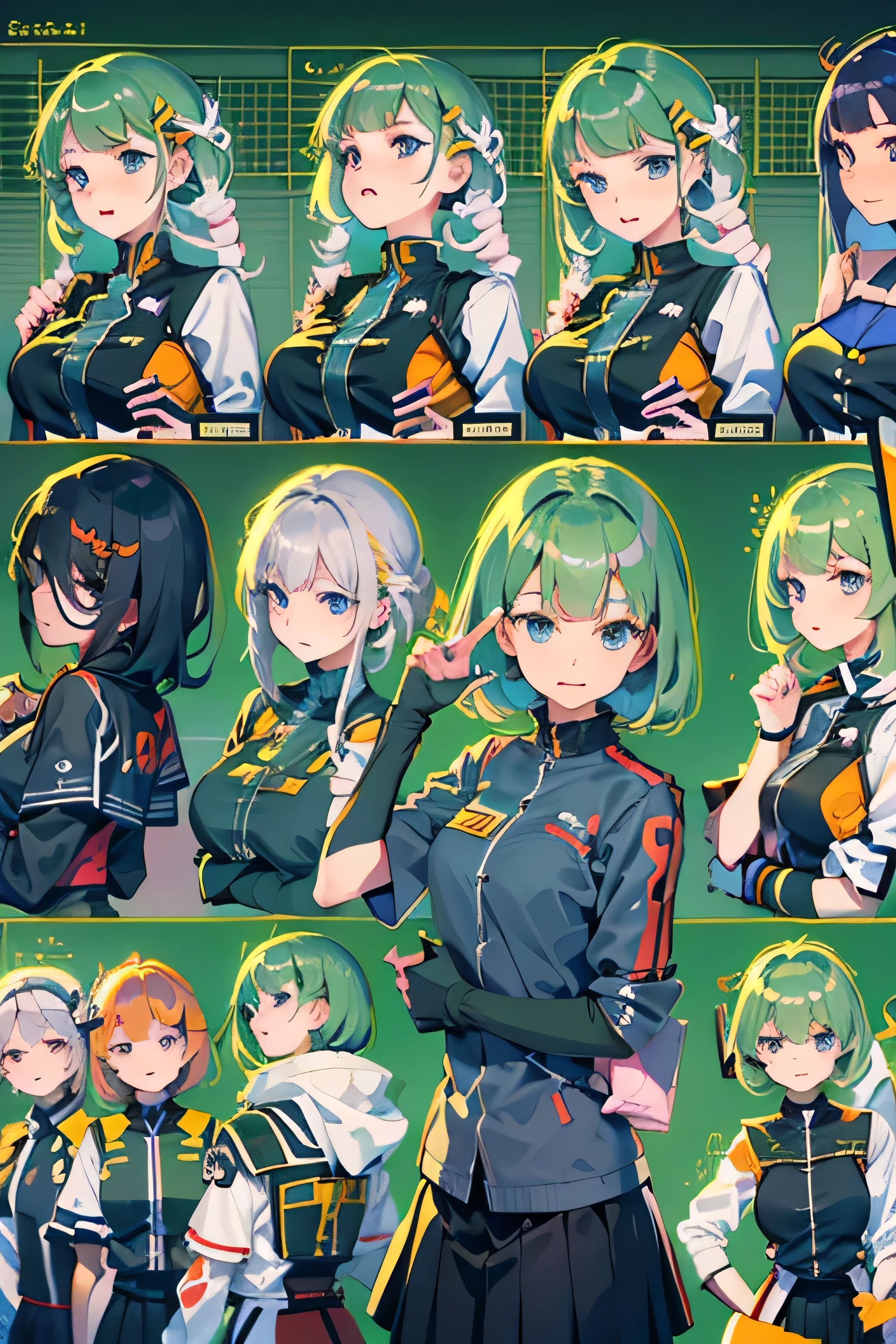 (photorealistic:1.3,highest quality,8K quality,masterpiece:1.3,High resolution,muste piece:1.2,super fine photo,超High resolution, photorealism),green and orange color scheme,23 year old woman, (short hair:1.2,bright blue hair:1.5,blue eyes),(black uniform、black pleated skirt、uniform、medal、立派なuniform,choker),looking at the camera:1.2,(spaceship space, Control room, commander),slender abs:1.2,(young skinny gravure idol, sophisticated gravure idol),(detailed perfect face),normal hands:1.5,normal finger:1:5,normal foot:1.5