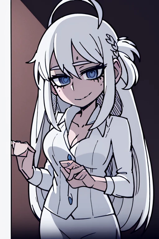 beautiful girl, long white hair, blue eyes, blue lips, white clothes, casual white clothes, pleasant smile, sweet look, white halo, beautiful divine robe, mind deity