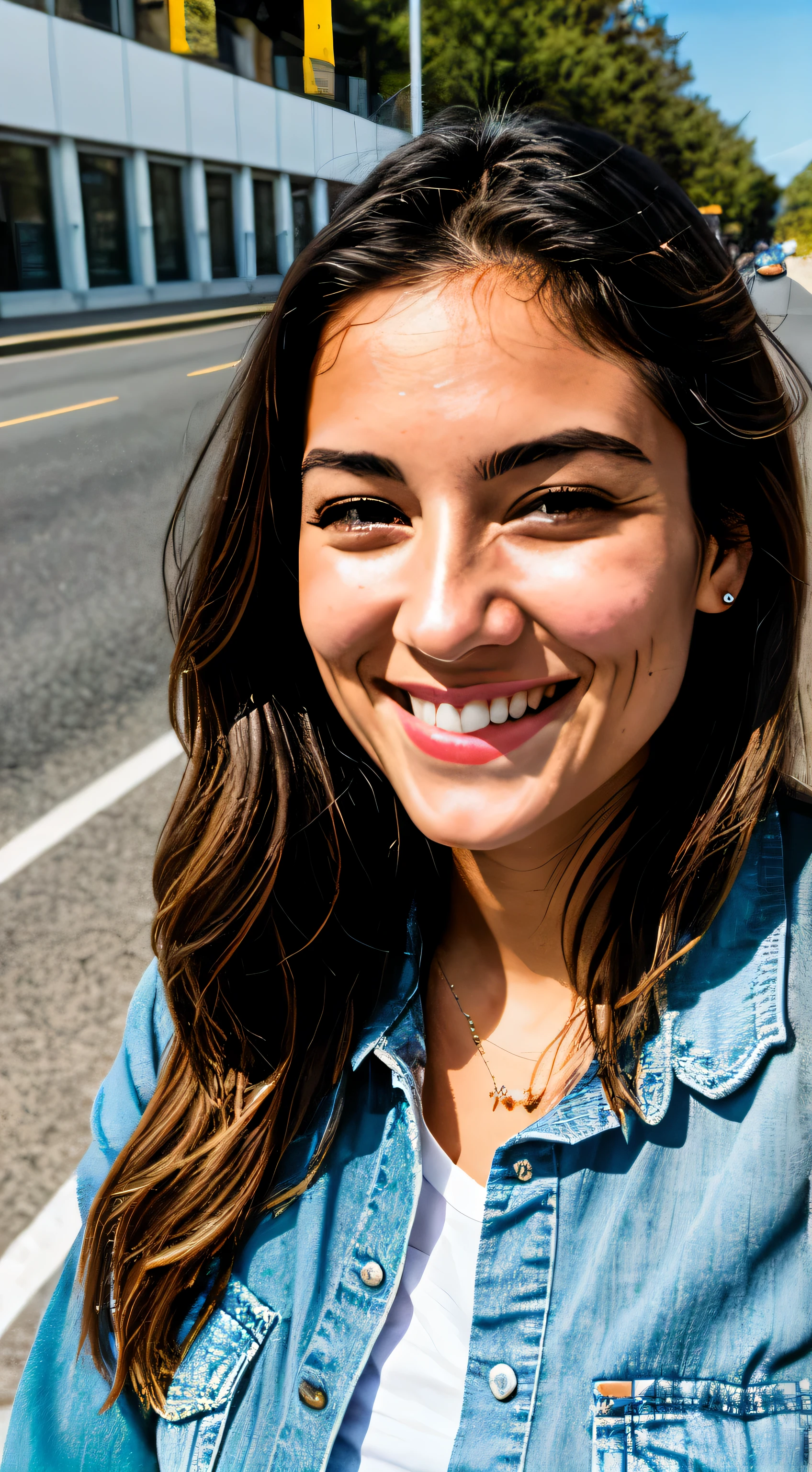 a women full happy face stand on the road good sunlight hyperealstick