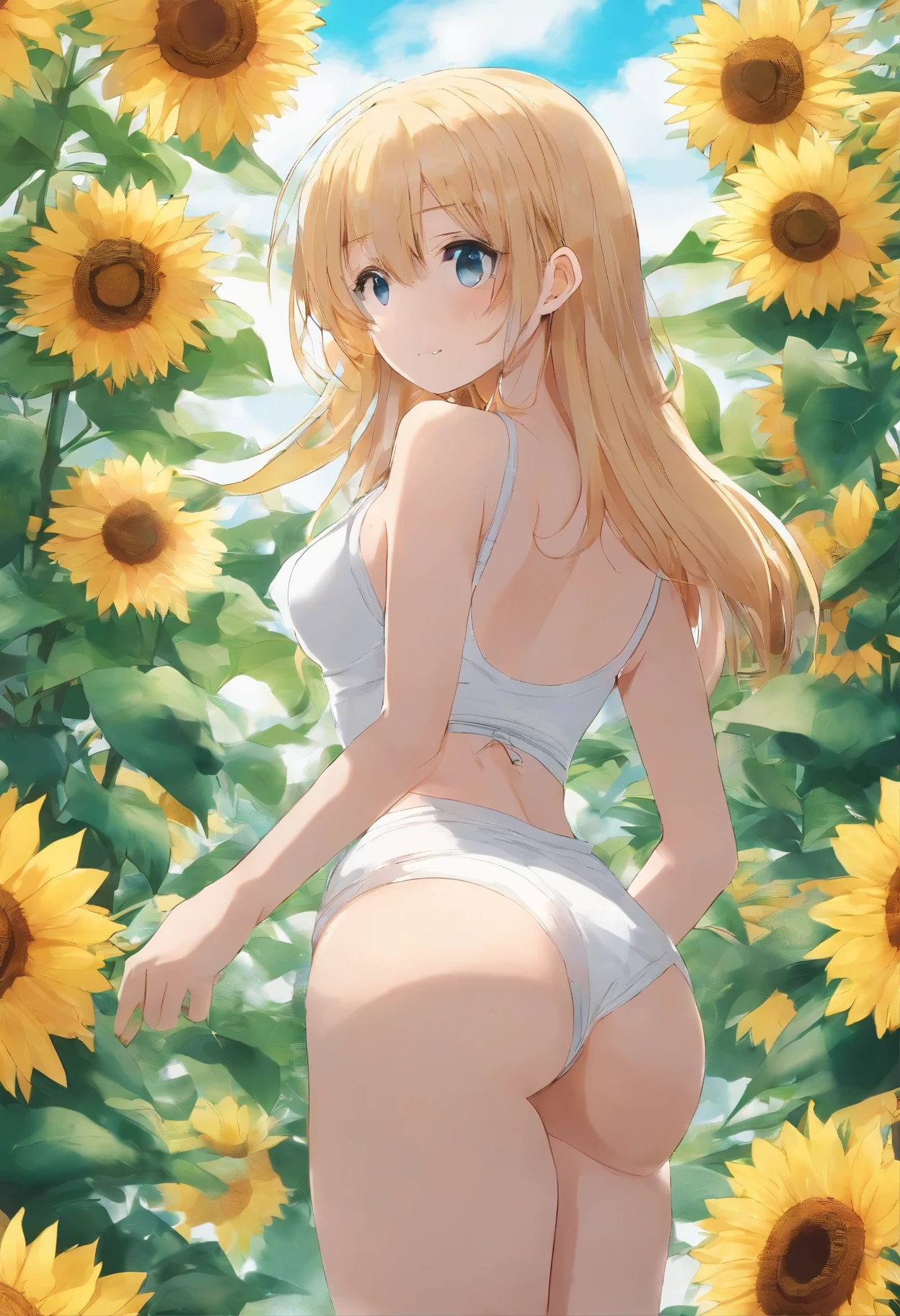 1 girl， (((Lift your round butt high and big.))), Sunflower field in full bloom，Back view of a woman in Translucent white thong (underwear),long shot,Wide viewing angle, commercial photography，award winning photos，(realistic),unity wallpaper 8k,(very detailed:1.3),(light_on_face:1.4)，CanonEOS 5D MarkIV DSLR