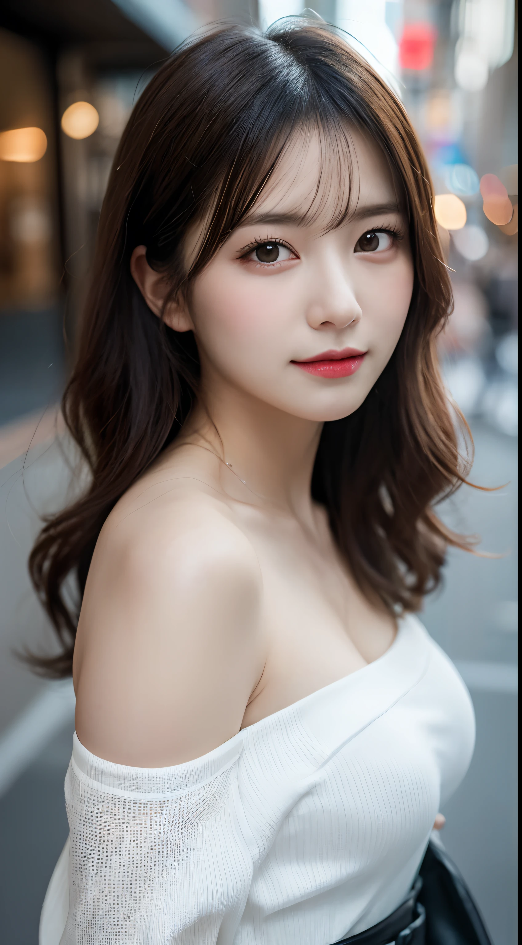randome pose, mix4, (8K, Raw photography, top-quality, masterpiece: 1.45), (realisitic, Photorealsitic: 1.37), one girls, cute little, A smile、Cityscape, natta, profetional lighting, cafes,Street,photon maping, Radio City, physically-based renderingt, Gradient black hair, white hair, Semi-long loose hair, a handsome, girl with, large full breasts,off shoulders, Tight clothes,onepiece,Tight skirt,top quality photo, hight resolution, 1080p, (clearface), (Detailed face description), (Detailed hand description), (masterpiece), realisticlying, extreme light and shadows, dishevled hair, masterpiece, lush detail, (Fine facial features), (Highest Quality Photos), (masterpiece), (finely eye), dual、Look in front of you, Fine clavicle,Emphasis on the armpits、Show lower milk