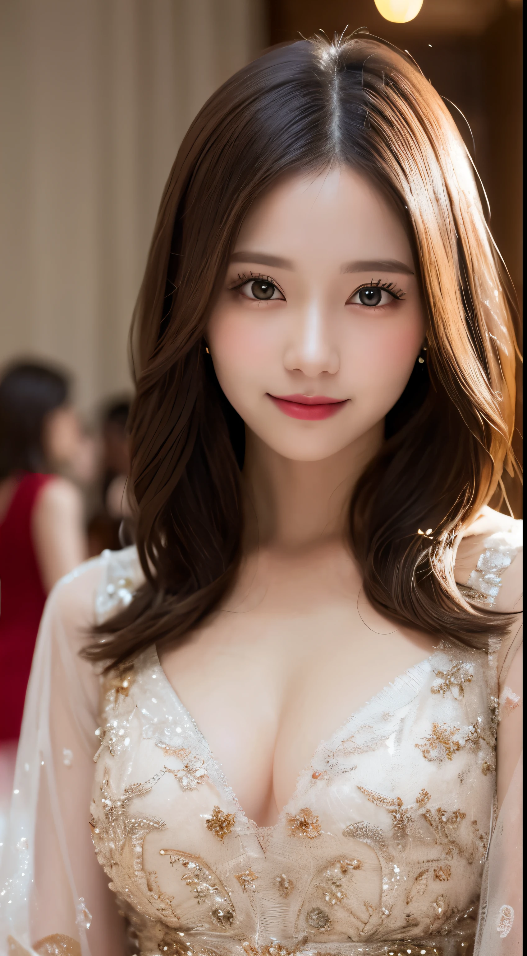 masutepiece, Best Quality, Illustration, Ultra-detailed, finely detail, hight resolution, 8K Wallpaper, dynamic compositions, Beautiful detailed eyes, Very gorgeous and elegant luxury dress winter clothes,Medium Hair,Small breasts natural color lip, Bold sexy poses,Smile、20 years girl、Cute、Sexy shot looking at camera,Midnight,beautifull detailed face,Classy face,Perfect and beautiful face,Slim face and body,Blur the background,Gorgeous and glamorous Christmas party venue