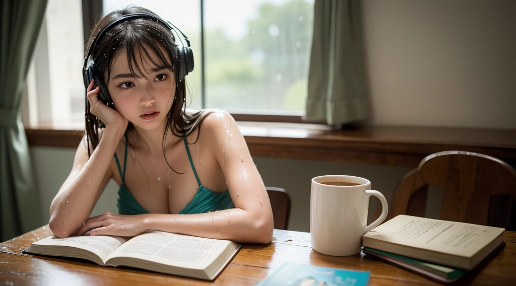 Best quality, masterpiece, ultra high res, (photorealistic:1.4), raw photo, 1girl,
wet hair, wet body, water drop on the skin,Lofi art, Anime girl studying in his room, raining outside, studing table, books on table, laptop, earphone in boys ears