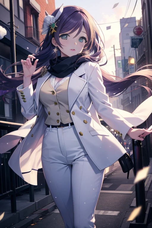 Nozomi Tojo, Nozomi Tojo, (green eyes:1.5), purple hair, medium long hair,white long coat,purple v neck sweater,skinny pants,stiletto heels,Scarf,In town,It&#39;s snowing,held on a telephone pole(masterpiece:1.2), highest quality, High resolution, unity 8k wallpaper, (shape:0.8), (beautiful and detailed eyes:1.6), highly detailed face, perfect lighting, Very detailed CG, (perfect hands, perfect anatomy),