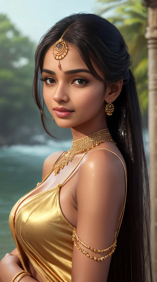 late evening scenario, photoshoot, beautiful 20 yo Tamil girl (shy smirk:1.4), facing the camera, in a black designer lingerie , leaning against a rock in the seashore, glowing flawless skin, holding saree mundhanai on her right hand above her head, showing front bodice round deep navel cleavage armpits, golden bangles, waist chain, gold pendant thin necklace, earrings, ponytail, show full body in the image, wide angle, long shot, meticulous detailing of face & eyes & nose & lips & anatomy & background, eyes symmetry, masterpiece, high quality, natural lighting cinematic effects, evening sky, vibrant colors, setting sun trees birds full moon people playing children in background, ornate, hyper maximalist, meticulous detailing of faces, hyper realistic background, big breast (Best quality, 4k, Masterpiece :1.3), pretty woman, hyper realistic, 1girl, (massive breasts, attractive body :1.2), abs :1.1, dark brown hair: 1.1, (rainy wet, wet from rain, wet body :1.2), ultra-detailed face, detailed lips, detailed eyes, double eyelid, yawn with closed eyes, sultry low neck gown, open cleavage, hanging breasts, side pose, visible curves, party floor, dance floor, party couch, laying with friend, transparent robe