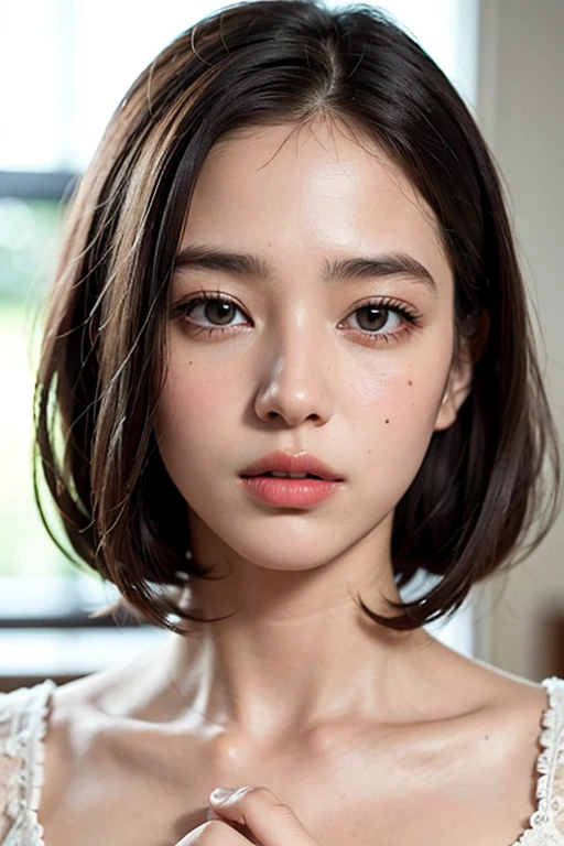 best quality,masterpiece,extremely detailed,high res,4k,ultra high res,detailed shadow,ultra realistic,realistic,dramatic lighting,1girl,solo,detailed face,realistic eyes,realistic skin,white dress,purple hair,dynamic pose, whimsical details, slicked hair, full shot, toe, mesmerizing, shallow depth of field, contrapposto, professional model, face front, portrait, nsfw