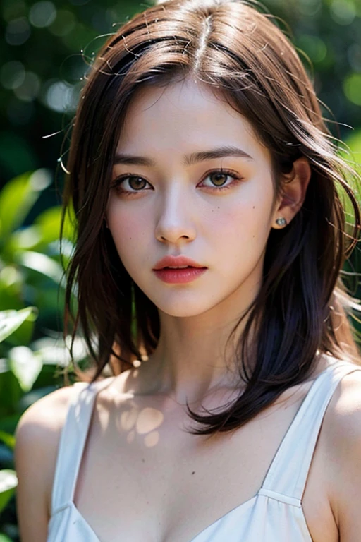 A highly detailed, photorealistic portrait of a beautiful young Asian woman with smooth skin, large expressive eyes, and natural makeup. She is surrounded by lush hydrangea bushes, with soft lighting and a shallow depth of field. The background is slightly blurred to emphasize her face. The image should capture her serene and gentle expression, with a focus on her delicate features and the natural beauty of the scene. High resolution, 8K, ultra-detailed, masterpiece, best quality. ((China dress))、((Upper Body:1.3))