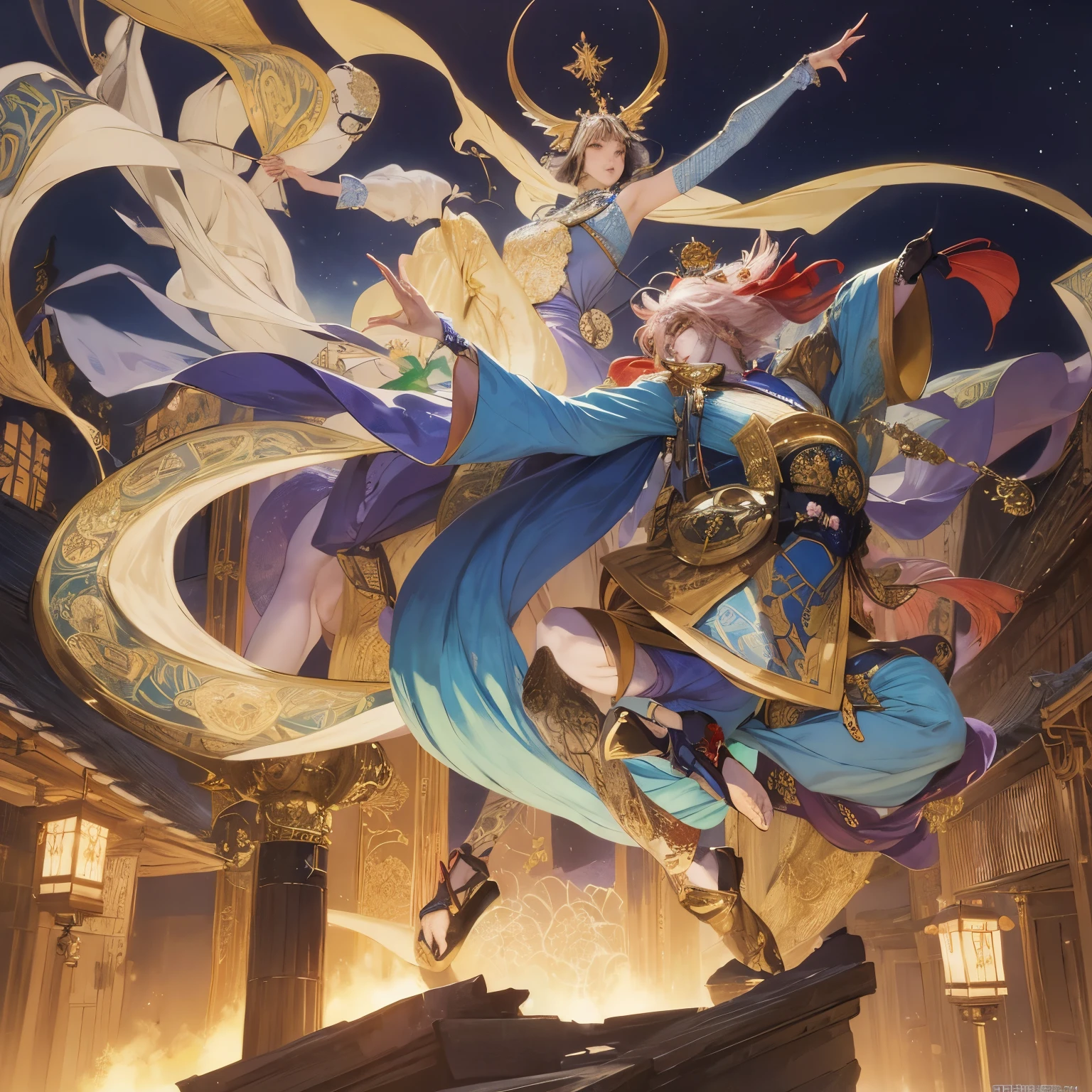 Léon Bakst, Yoshitoki Ōima, Surreal, mysterious, strange, fantastical, fantasy, Sci-fi, Japanese anime, symbol of order and chaos called a festival city, dress of light and shadow, beautiful girl, watch manufacturing, detailed masterpiece