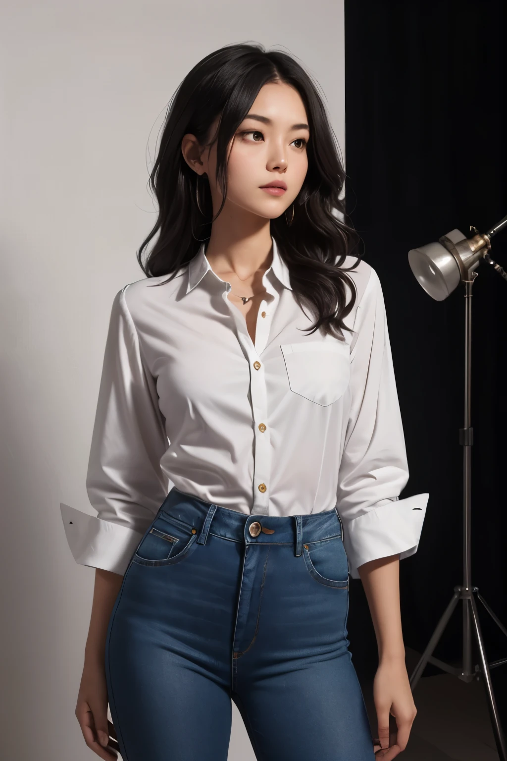 a woman with medium-length wavy hair and a poised expression, she is wearing a fitted white button-up shirt with the sleeves rolled up and form-fitting blue skinny jeans, the image has a dark background with studio lighting that accentuates her silhouette and the fabric of her clothes,