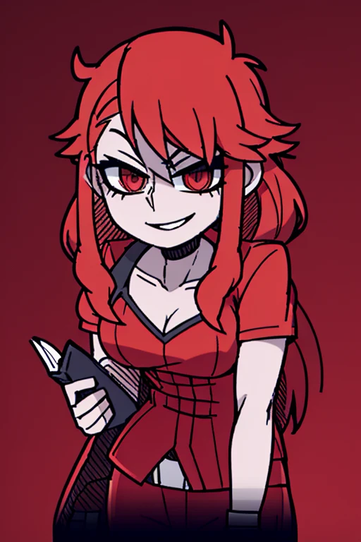beautiful girl, long red hair, red eyes, black lips, red fire clothes, casual red clothes, pleasant smile, sweet look, beautiful divine robe, fire deity