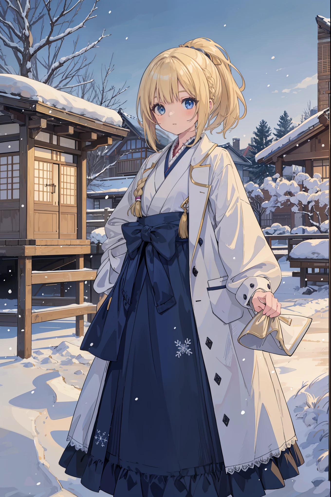 A high school girl in the style of Japanese anime illustration from 2020 with a detailed and realistic background that has depth and texture. The girl has blonde hair in a short one-length braided ponytail bob cut and wears a western long dress with a lot of frills, lace, and luxury. The theme is a formal schoolyard and the image is a portrait with contrast. The language in the image is Japanese and the romanization is English. The girl\'s eyes are realistic, complex, and detailed, and her skin texture is very fine. The girl\'s posing is instructed by a world-famous master and the image has a sense of dynamism. The girl\'s figure is a cowboy shot. The image size is 1024 x 1536 pixels. The girl is waiting for her boyfriend in the schoolyard. The girl wears a coat and the background has a winter scenery, night, and white snow. The girl is a daughter of a noble family and has a lively gesture. The girl is riding a carriage from a mansion.