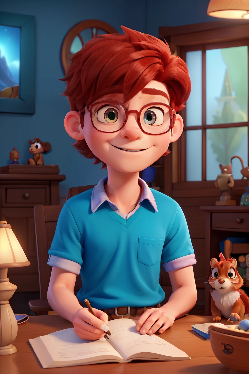 A young boy named Tommy, with vibrant red hair and round glasses, can be seen smiling in this hyper-realistic masterpiece. The image showcases Tommy sitting in a cozy corner, engrossed in a collection of magical stories, while a friendly squirrel perches on his shoulder, captivated by the tales. The attention to detail in this 8K Ultra HD rendering is truly remarkable, bringing the enchanting Pixar and Disney styles to life. Created using advanced techniques in Cinema 4D, the image has a stunning aspect ratio of 3:2, ensuring a visually immersive experience. Prepare to be transported into a world of wonder and imagination with this breathtaking artwork.