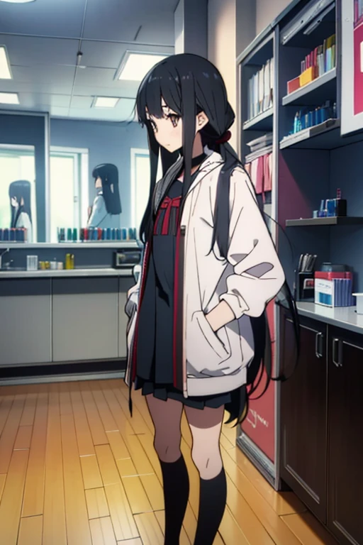 Long-haired high school girl standing in front of hair salon, Hair is particularly long, Super long neat hair, Leg-length hair, very long hair, very long black hair, Girl with extra long hair, long straight ponytail, long hair girl, Hair is longer, long thin black hair