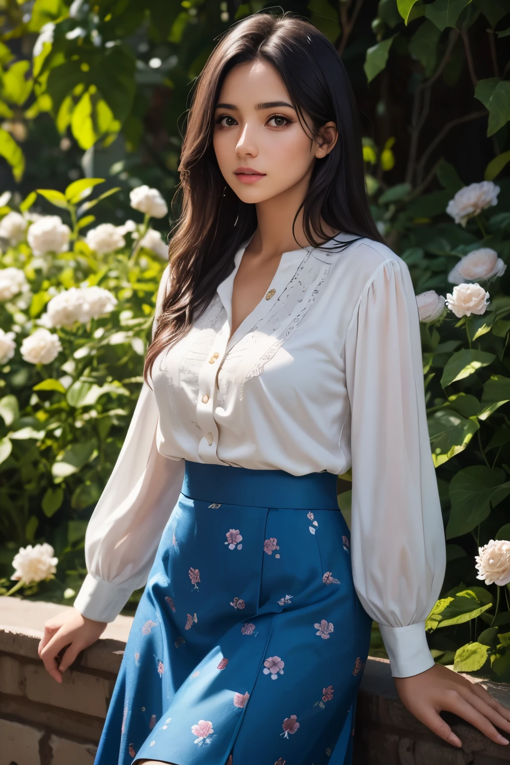 a young colombian woman, long dark hair, brown eyes, white blouse, long blue skirt with a flower pattern, natural light, 8k, realistic