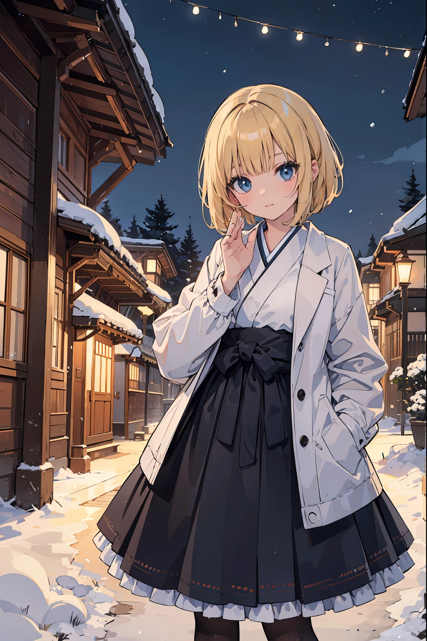 A high school girl in the style of Japanese anime illustration from 2020 with a detailed and realistic background that has depth and texture. The girl has blonde hair in a short one-length braided ponytail bob cut and wears a western long dress with a lot of frills, lace, and luxury. The theme is a formal schoolyard and the image is a portrait with contrast. The language in the image is Japanese and the romanization is English. The girl\'s eyes are realistic, complex, and detailed, and her skin texture is very fine. The girl\'s posing is instructed by a world-famous master and the image has a sense of dynamism. The girl\'s figure is a cowboy shot. The image size is 1024 x 1536 pixels. The girl is waiting for her boyfriend in the schoolyard. The girl wears a coat and the background has a winter scenery, night, and white snow. The girl is a daughter of a noble family and has a lively gesture. The girl is riding a carriage from a mansion.