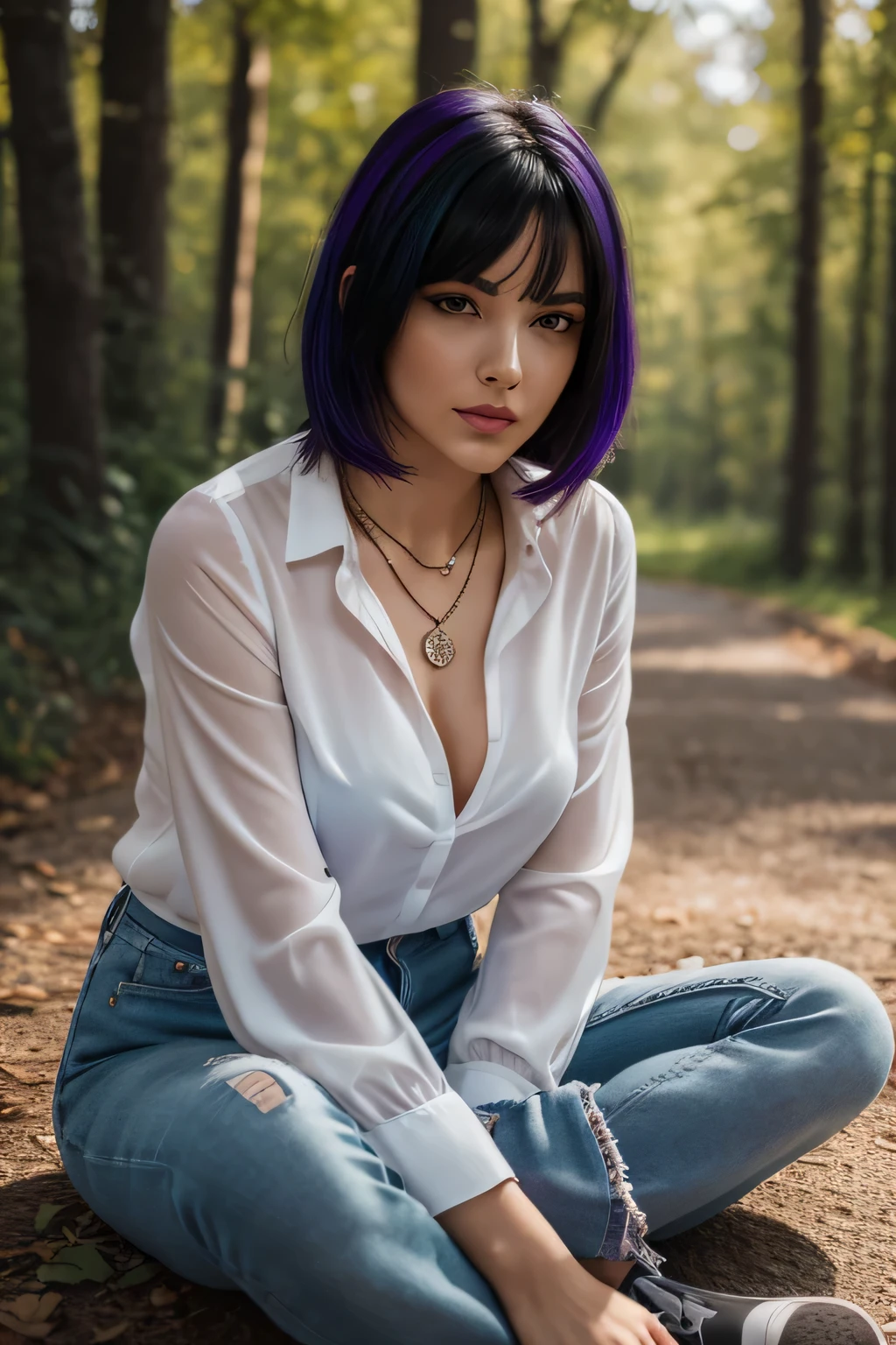 A woman with tousled black hair with purple highlights looks at the viewer, white low cut blouse without buttons, necklace, sitting on the ground outdoors, Natural light, 8K, realistic