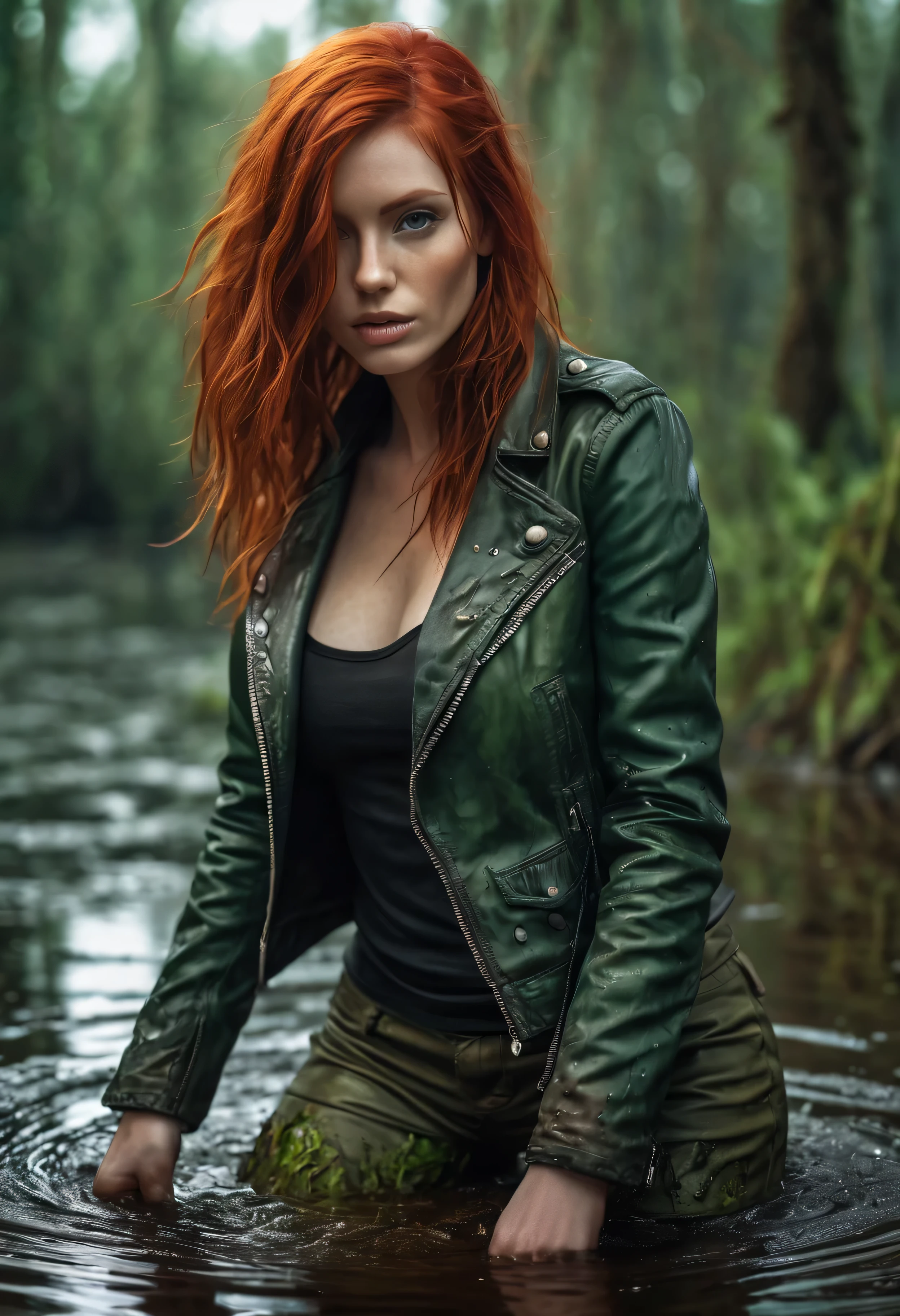 (red-haired woman,woman with red hair,woman with beautiful red hair,leather jacket,weird clothes,drown in a swamp,swampy environment,green and murky water)(best quality,4k,8k,highres,masterpiece:1.2),ultra-detailed,(realistic,photorealistic,photo-realistic:1.37),HDR,UHD,studio lighting,ultra-fine painting,sharp focus,physically-based rendering,extreme detail description,professional,vivid colors,bokeh,swampy colors,moody lighting