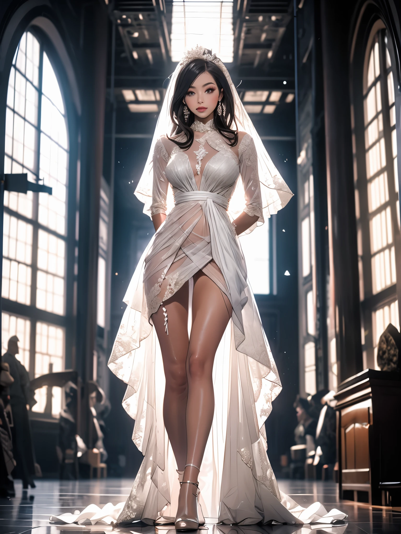 a girl, Wear a transparent wedding dress, white transparent wedding dress, full body picture, Slim, long legs