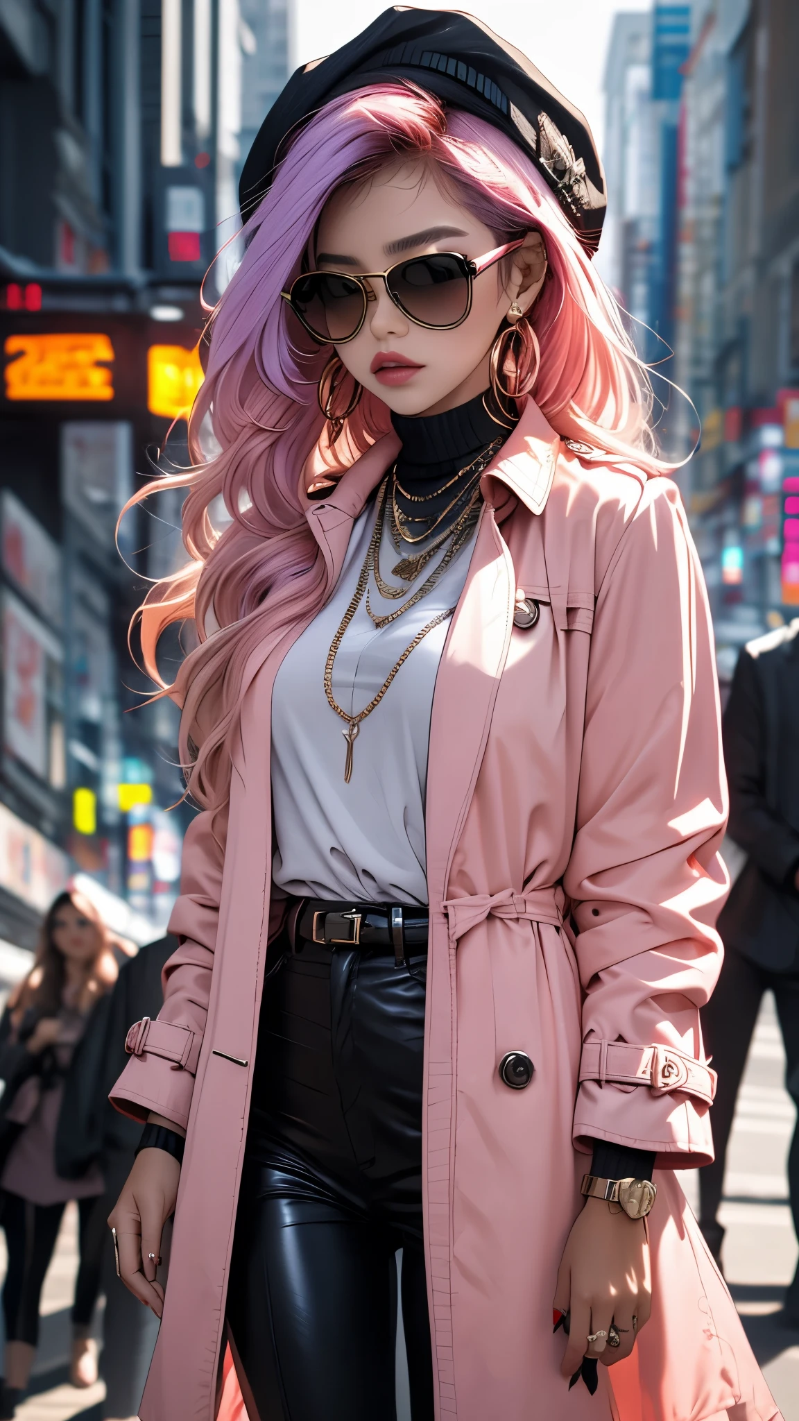4K, actual, high detail, Super eyes detailed, fashion clothing, Pink trench coat, French berets, Black pants with belt, long hair, in the city, pink hair, purple eyes, Yaemiko, Wearing stylish sunglasses,