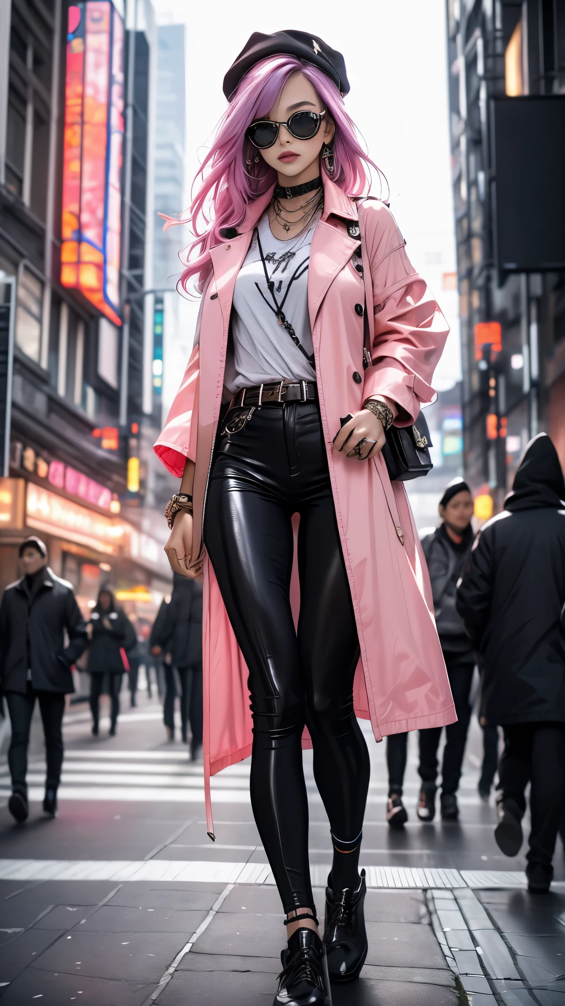 4K, actual, high detail, Super eyes detailed, fashion clothing, Pink trench coat, French berets, Black pants with belt, long hair, in the city, pink hair, purple eyes, Yaemiko, Wearing stylish sunglasses,