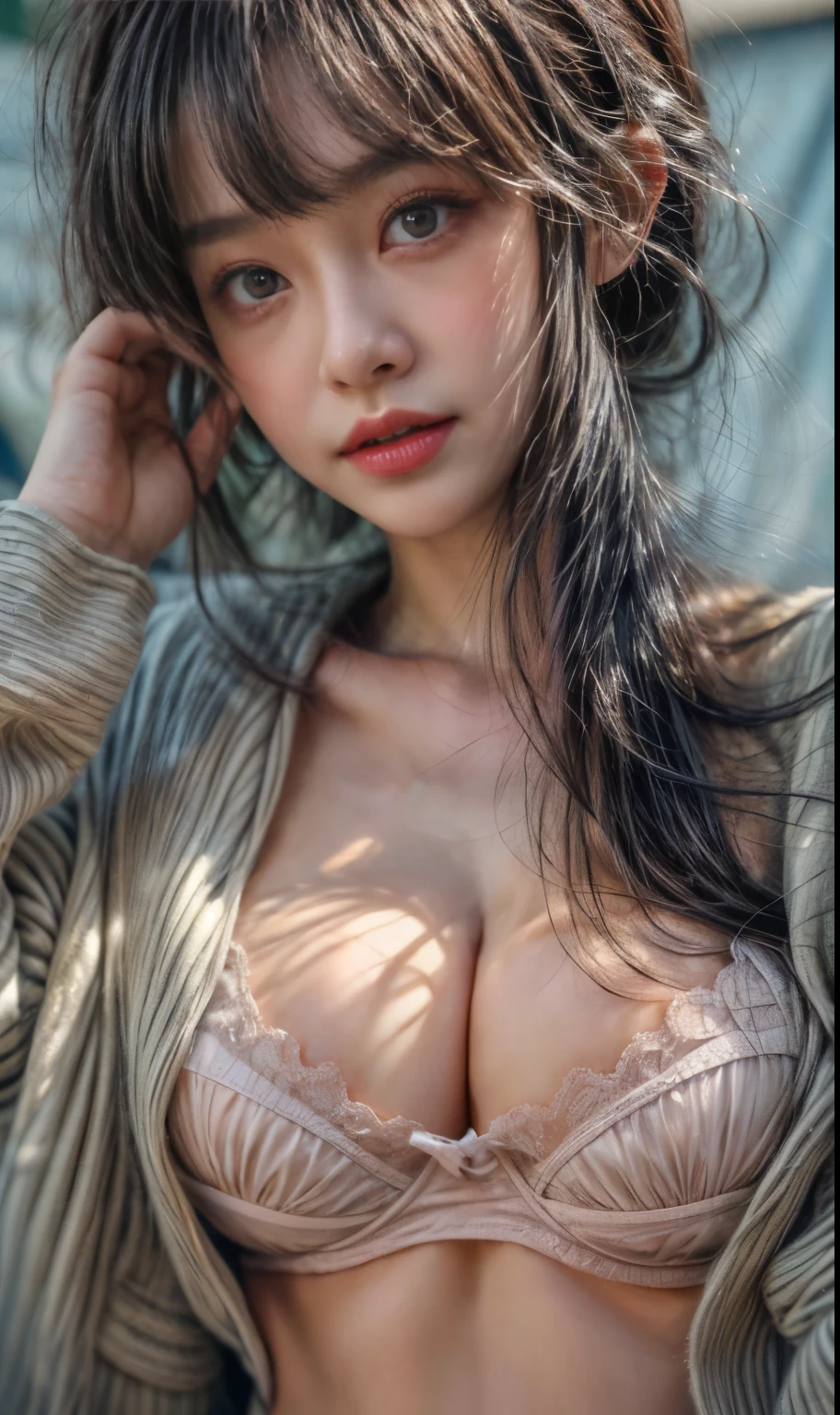 masterpiece、8K、32K、highest quality、(Detailed both eyes)、(cute japanese woman、bangs:1.3)、23 years old、1 girl、elegant、(black underwear:1.3)、(Watery eye:1.2)、Queen、(huge boobs:1.2)、