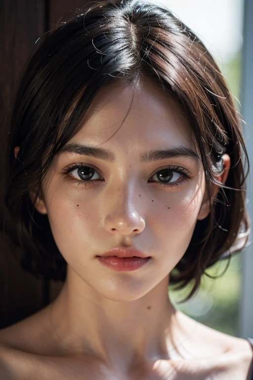 nsfw, topless, best quality, masterpiece, extremely detailed, high res, 4k, ultra high res, detailed shadow, ultra realistic, realistic, dramatic lighting, 1girl, solo, detailed face, realistic eyes, realistic skin, black hair, dynamic pose, whimsical details, slicked hair, full shot, toe, mesmerizing, shallow depth of field, contrapposto, professional model, face front, portrait,