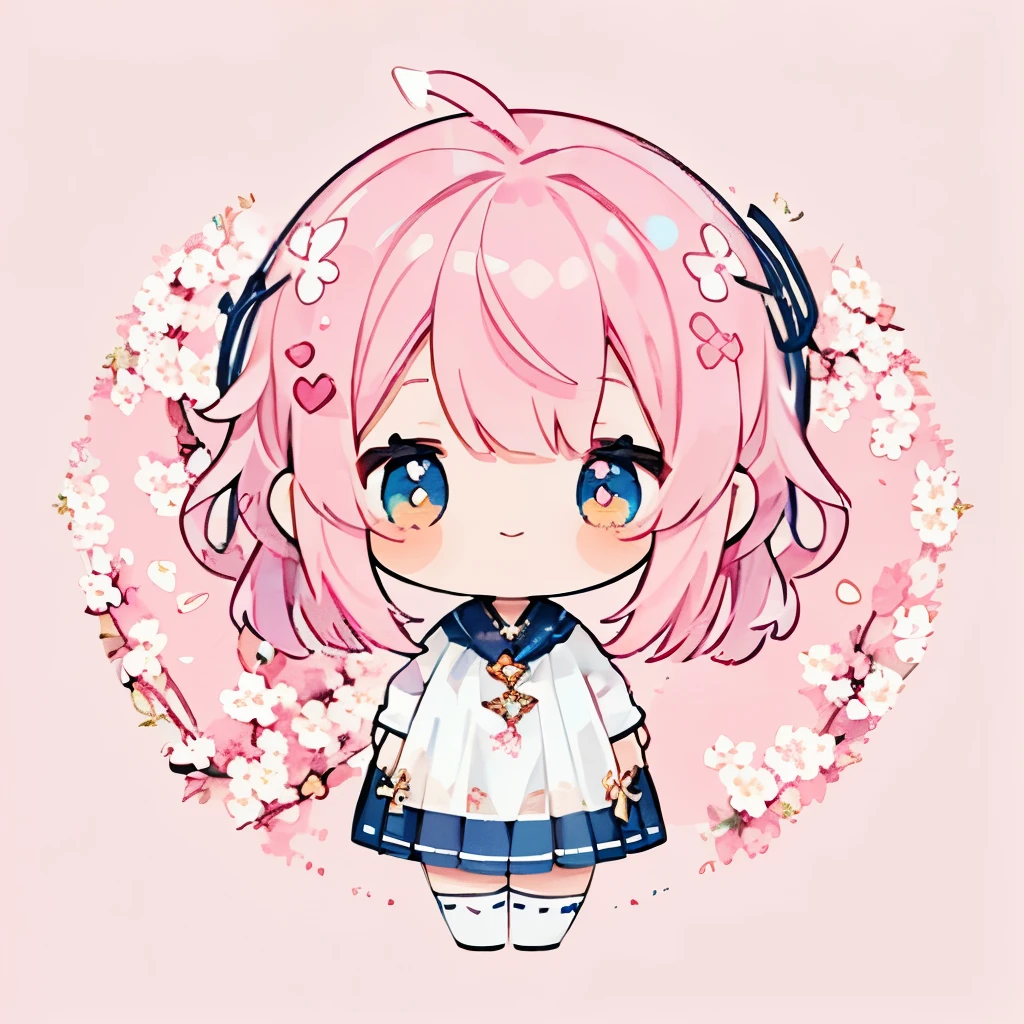 transparent watercolor、girl、Jewel Eyes、Beautiful arrangements and motifs、Depth of bounds written、flat avatar, 1girl, Smile, light pink hair((medium hair、wavy hair)), hair with white tips, pink mesh hair、Fashionable Design Clothing((pink and white)),background white、cherry blossom petals, Cute Girl, modest dress clothing, cherry blossom tights