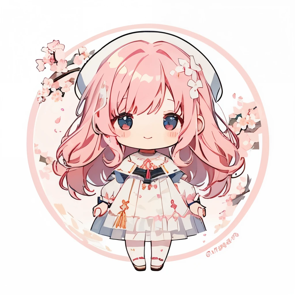 transparent watercolor、girl、Jewel Eyes、Beautiful arrangements and motifs、Depth of bounds written、flat avatar, 1girl, Smile, light pink hair((medium hair、wavy hair)), hair with white tips, pink mesh hair、Fashionable Design Clothing((pink and white)),background white、cherry blossom petals, Cute Girl, modest dress clothing, cherry blossom tights