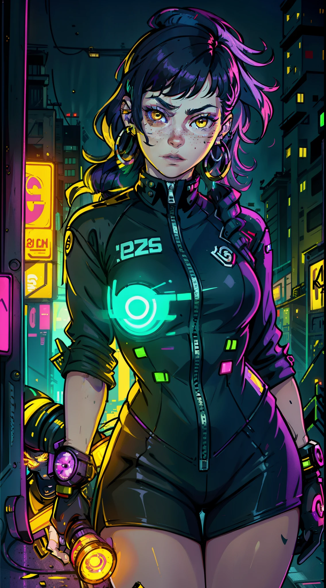 1girl,solo,colorful,yellow eyes,cyberpunk,city,peace sign,earrings,purple hair,eye patche,freckles,prothesis,mechanic,neon,beautiful lighting,purple reflection,cap,smoking,character focus,cg illustration,bust shot,yellow and black outfit,black hair,
