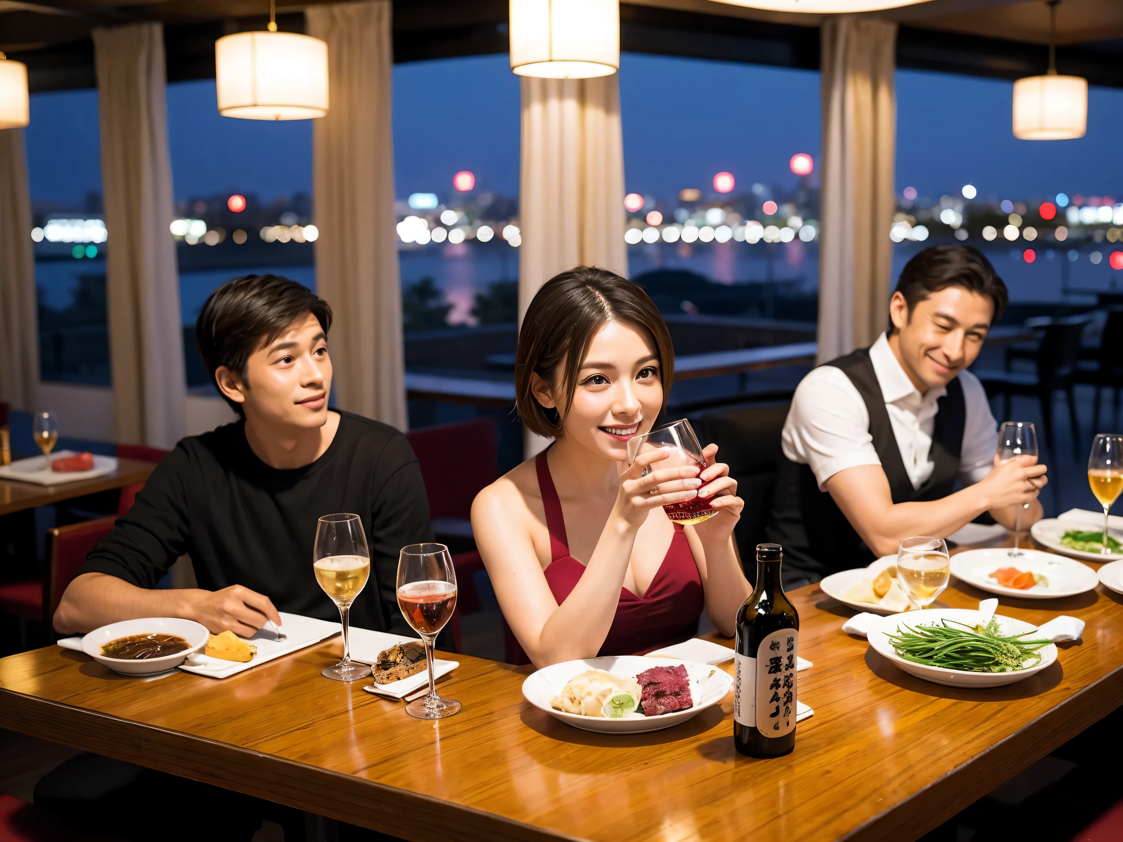 Detailed images that look like they were taken with a high-end camera、party、couple、banquet、Japan Sake Fan、I love Japanese sake、Because I'm slender、Woman drinking alcohol、36 years old、38 years old、Colombia、Brazilian、Japanese、Dutch、German、Portuguese、Belgian、chiri、American、french、Spaniard、Italian、Indian、Englishman、Cut your hair short、brown hair、Beautiful woman with a glass and a cup、Sake glasses and wine glasses contain sake..、720m of Japanese sake、1.You can also see the 8L sake bottle..、There is also Choshi、adult woman in her 30s、Smiling with a beautiful smile while enjoying a drink.、The location is a hotel restaurant.、A beautiful night view of the city can be seen outside the window.、The floor is on the 1st floor、In the background you can see a man and a woman enjoying alcohol..。