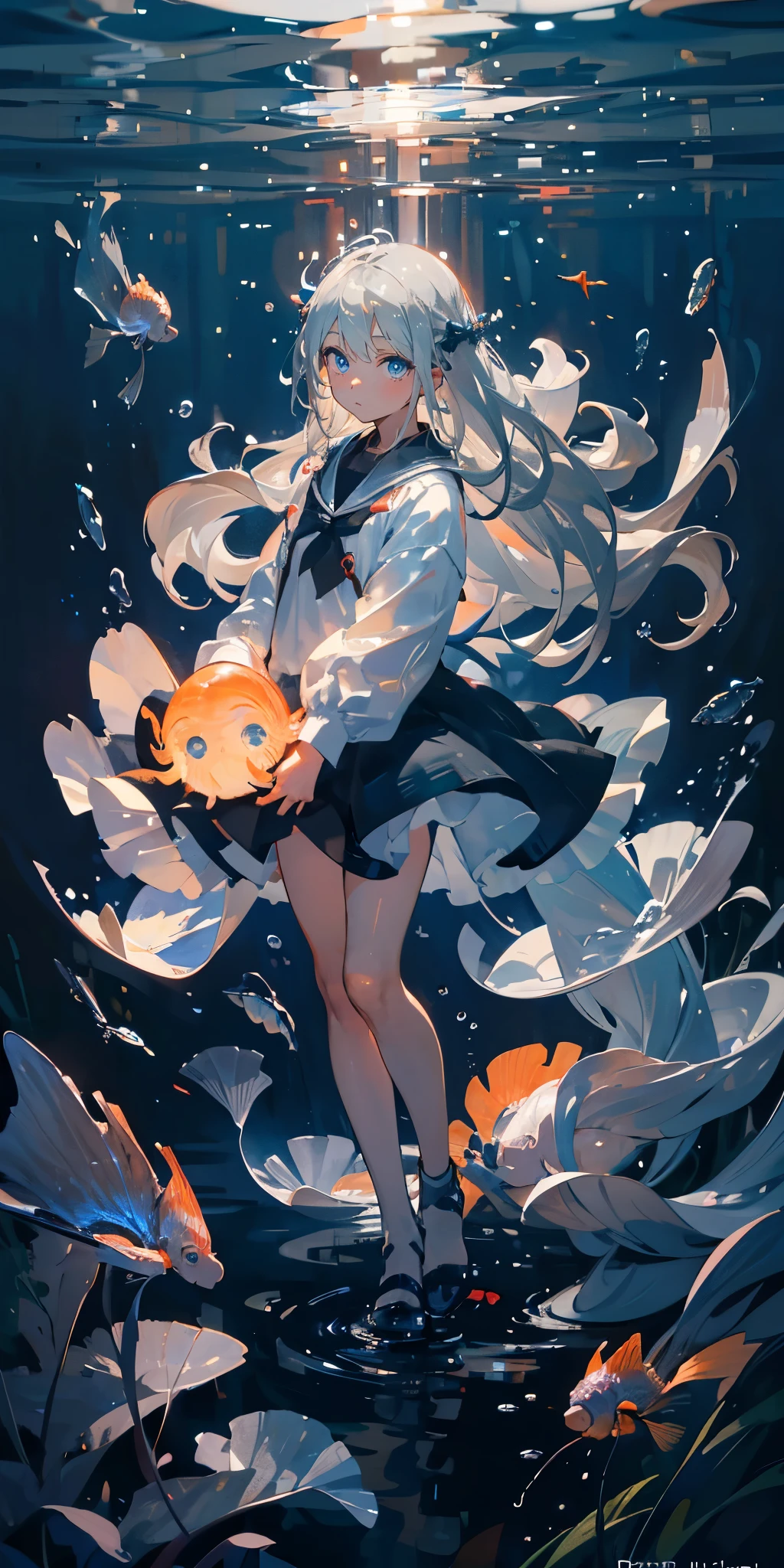 (muste piece), (best quality), very detailed, 1 girl, solo full body shot, perfect face, beautiful girl, very detailedな顔，(long gray hair:1.5)，(blue eyes:1.4)，(float:1.4)，(in water:1.4)，sink，Bubble，School of small fish，Light，jellyfish，seaweed，Red fish，Yellow fish，deep sea，fantasy