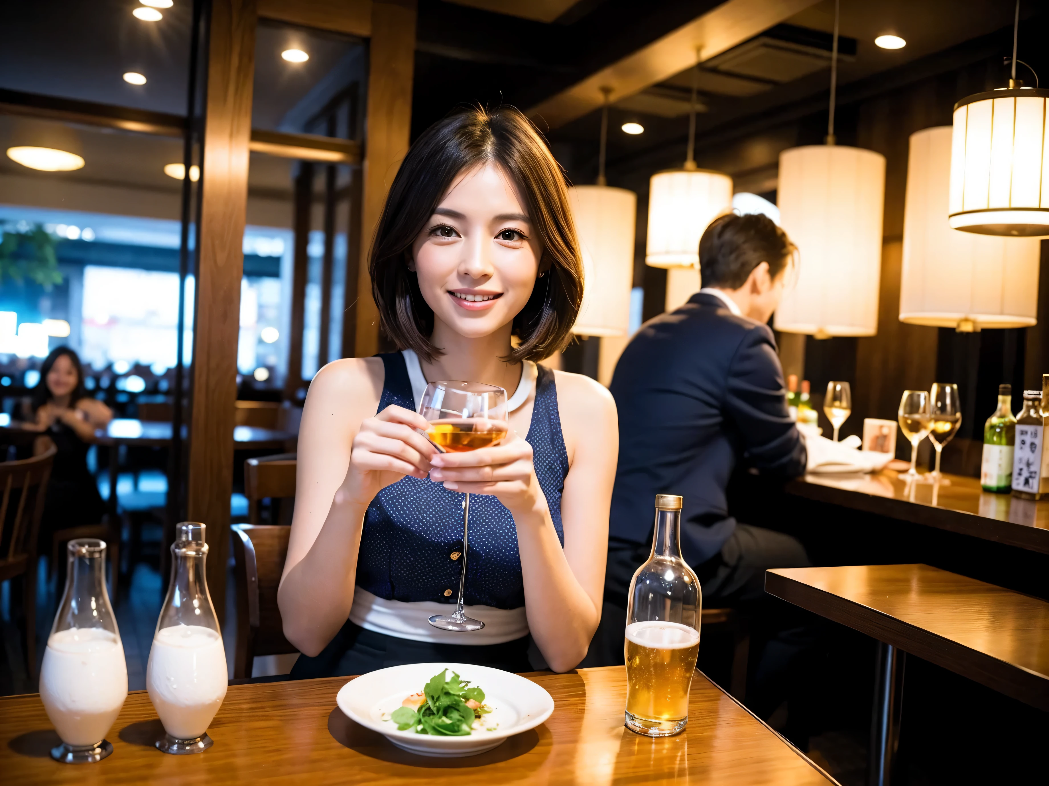 Detailed images that look like they were taken with a high-end camera、party、couple、banquet、Japan Sake Fan、I love Japanese sake、Because I'm slender、Woman drinking alcohol、36 years old、38 years old、Colombia、Brazilian、Japanese、Dutch、German、Portuguese、Belgian、chiri、American、french、Spaniard、Italian、Indian、Englishman、Cut your hair short、brown hair、Beautiful woman with a glass and a cup、Sake glasses and wine glasses contain sake..、720m of Japanese sake、1.You can also see the 8L sake bottle..、There is also Choshi、adult woman in her 30s、Smiling with a beautiful smile while enjoying a drink.、The location is a hotel restaurant.、A beautiful night view of the city can be seen outside the window.、The floor is on the 1st floor、In the background you can see a man and a woman enjoying alcohol..。