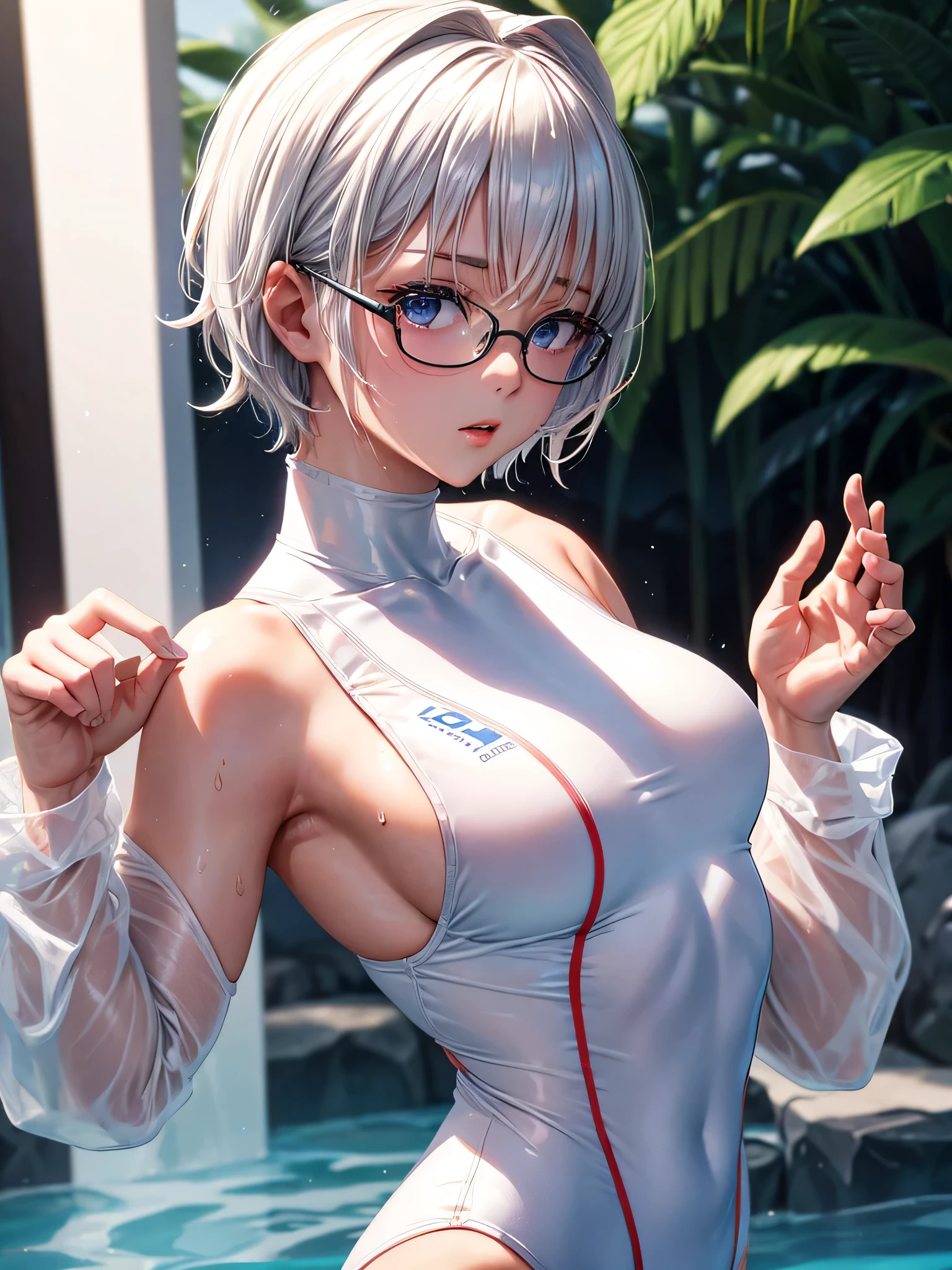Top quality 8K UHD、Glasses、White competitive swimsuit、White latex high neck competitive swimsuit、white metallic high neck swimsuit、Glasses、short hair、Glassesをかけた短髪の銀髪美女、wet skin、from the chest up、put your hands behind your back