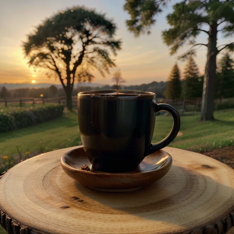 black cup of coffee, perfect coffee, low wooden coffee fable made from raw wood, garden visible in the background, focus on the coffee cup, second plan slightly blurred, masterpiece, best quality, award winning, instagram style, morning sunset light, 8k, accurate, perfect photo, winter aura, a little bit of snow,