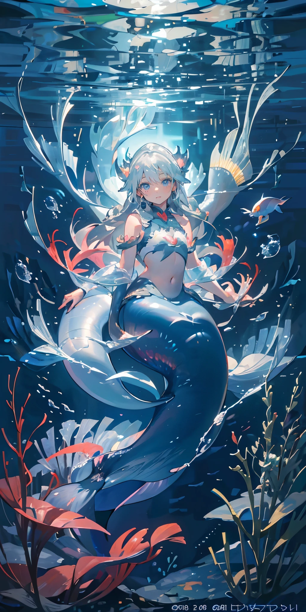 (muste piece), (best quality), very detailed, 1 girl, solo full body shot, perfect face, beautiful girl, very detailedな顔,(long gray hair:1.5),(blue eyes:1.4),(The Little Mermaid:1.4),(in water:1.4),sink,Bubble,School of small fish,Light,jellyfish,seaweed,Red fish,Yellow fish,deep sea,fantasy